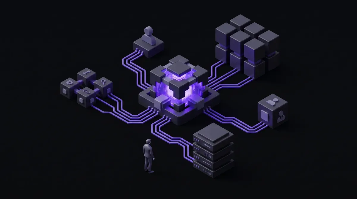 Isometric diagram of an AI customer-service agent connected to a knowledge base, tool calls, escalation channel, evaluation harness, and observability traces