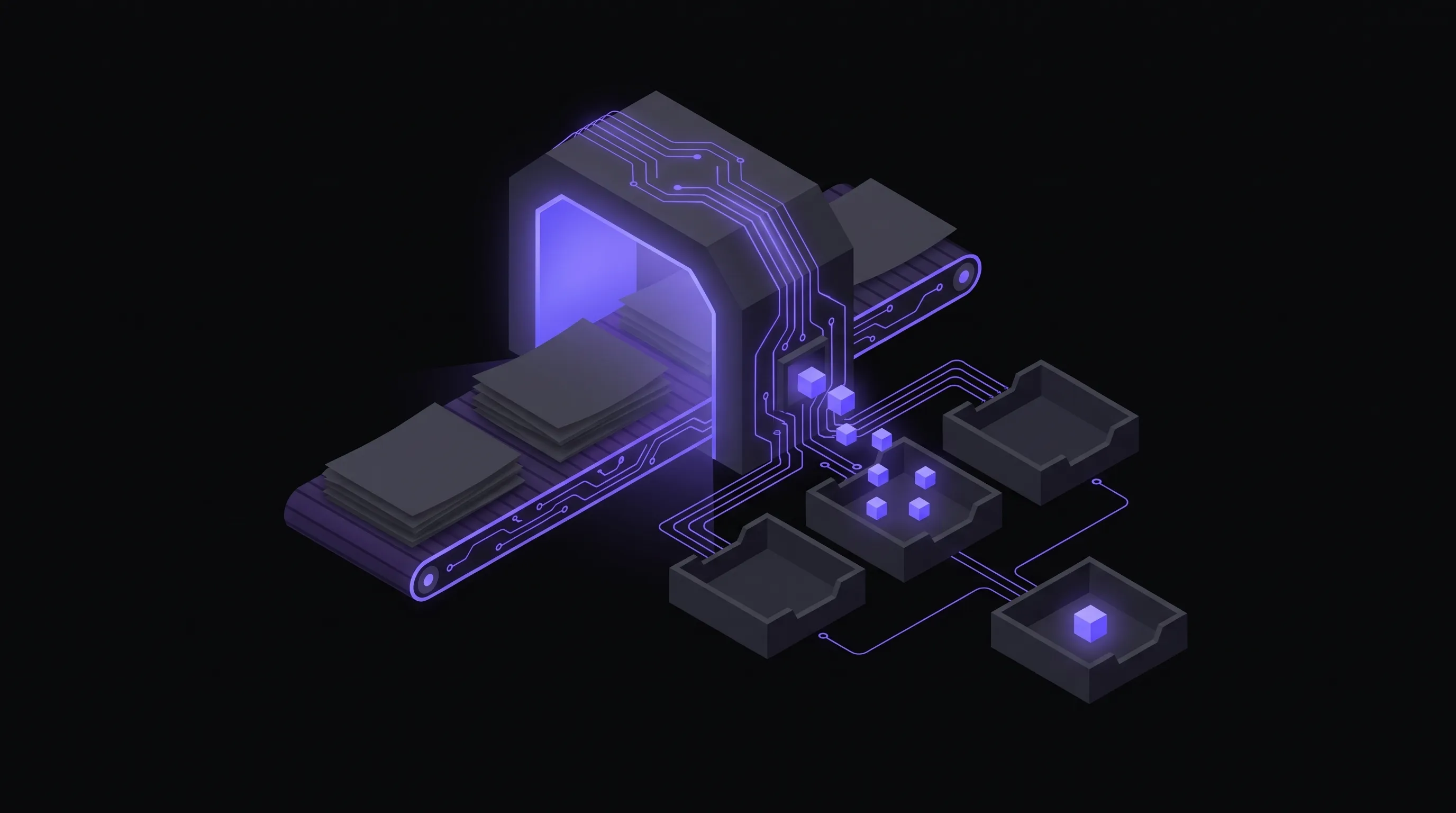 Dark isometric illustration of blank paper sheets on a conveyor passing through a glowing purple scanning arch, with small data cubes dropping into sorting trays and one cube set aside for checking.