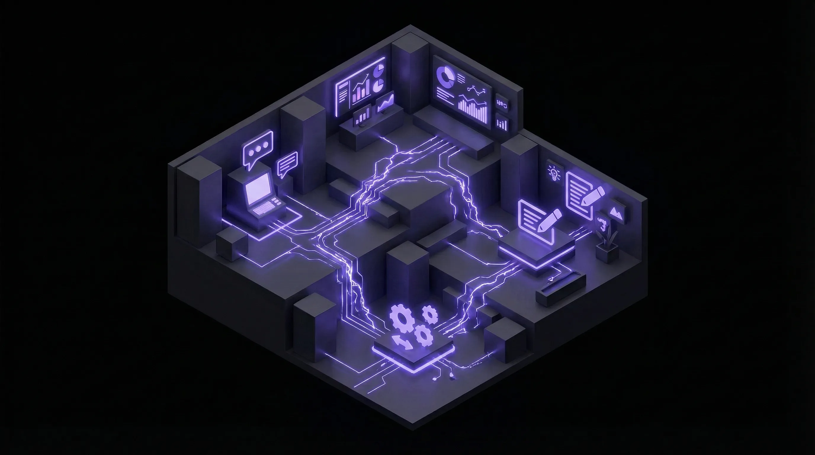 Isometric small business office with AI automation nodes connecting different departments