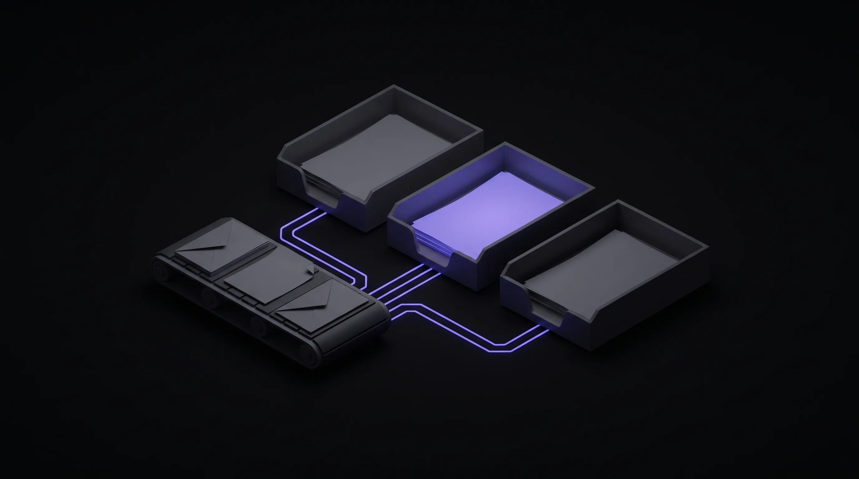 Dark isometric illustration of a short conveyor carrying blank envelopes and paper sheets into three open charcoal in-trays, one of them glowing purple, joined by thin purple circuit traces.
