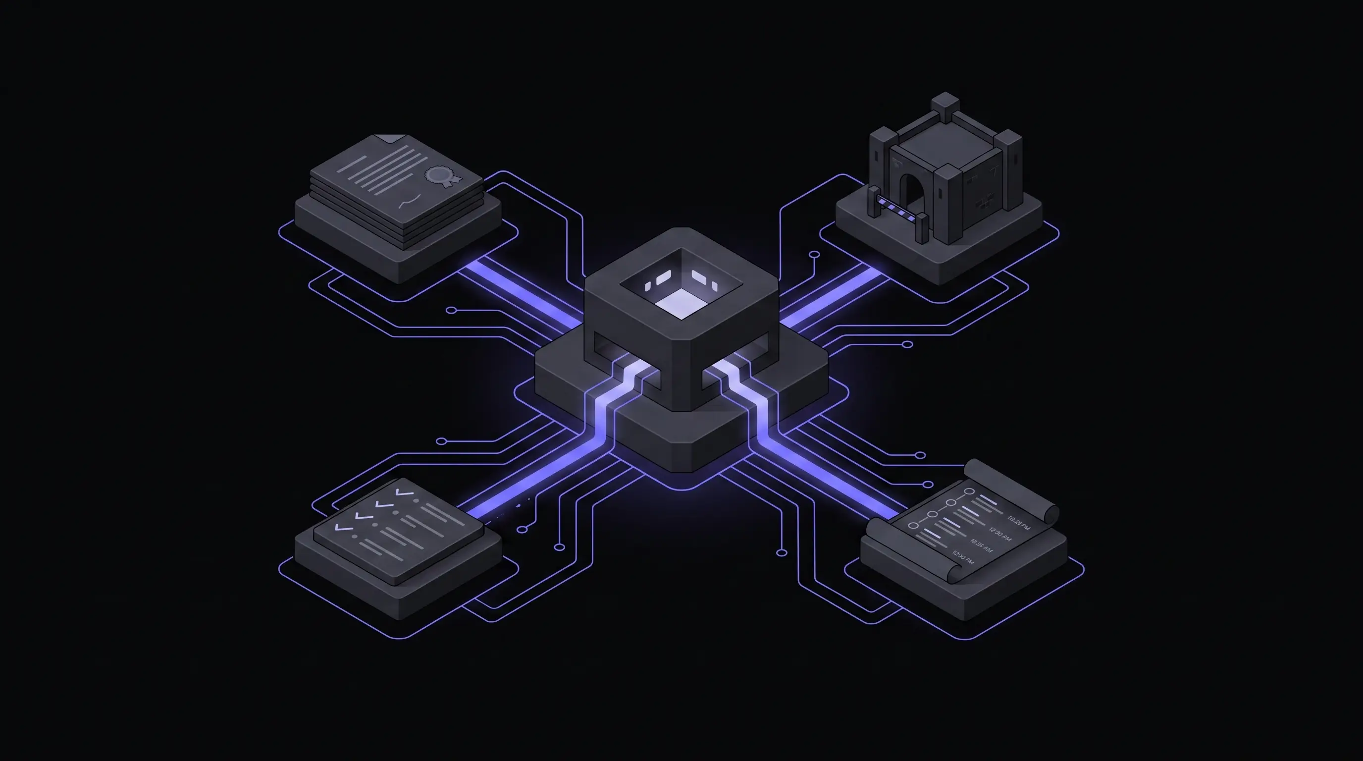 Dark isometric illustration of a compliance dashboard with a register of AI systems, a human-gate checkpoint, and a shield icon over a data pipeline, in deep navy with indigo accents.