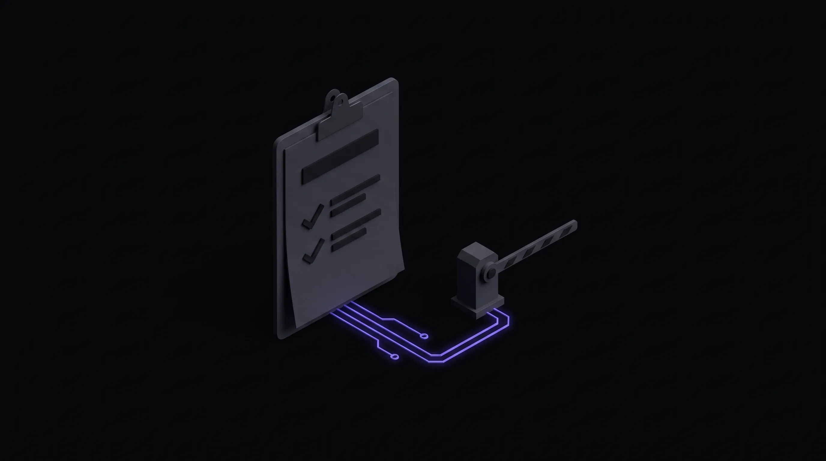 Dark isometric illustration of an upright clipboard holding one sheet with abstract bars and tick marks, joined by a purple circuit trace to a small barrier gate with a striped boom arm.