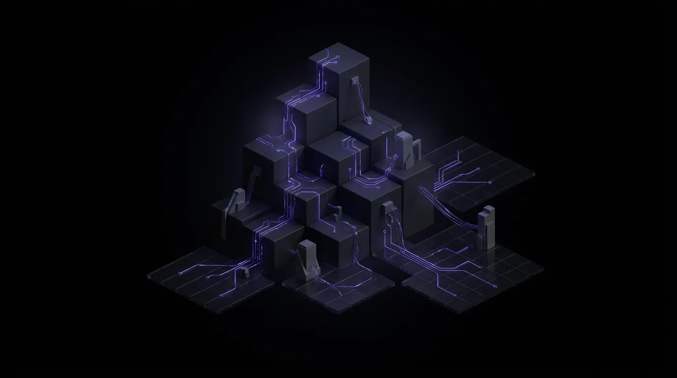 Isometric illustration of an AI strategy roadmap for a mid-market business