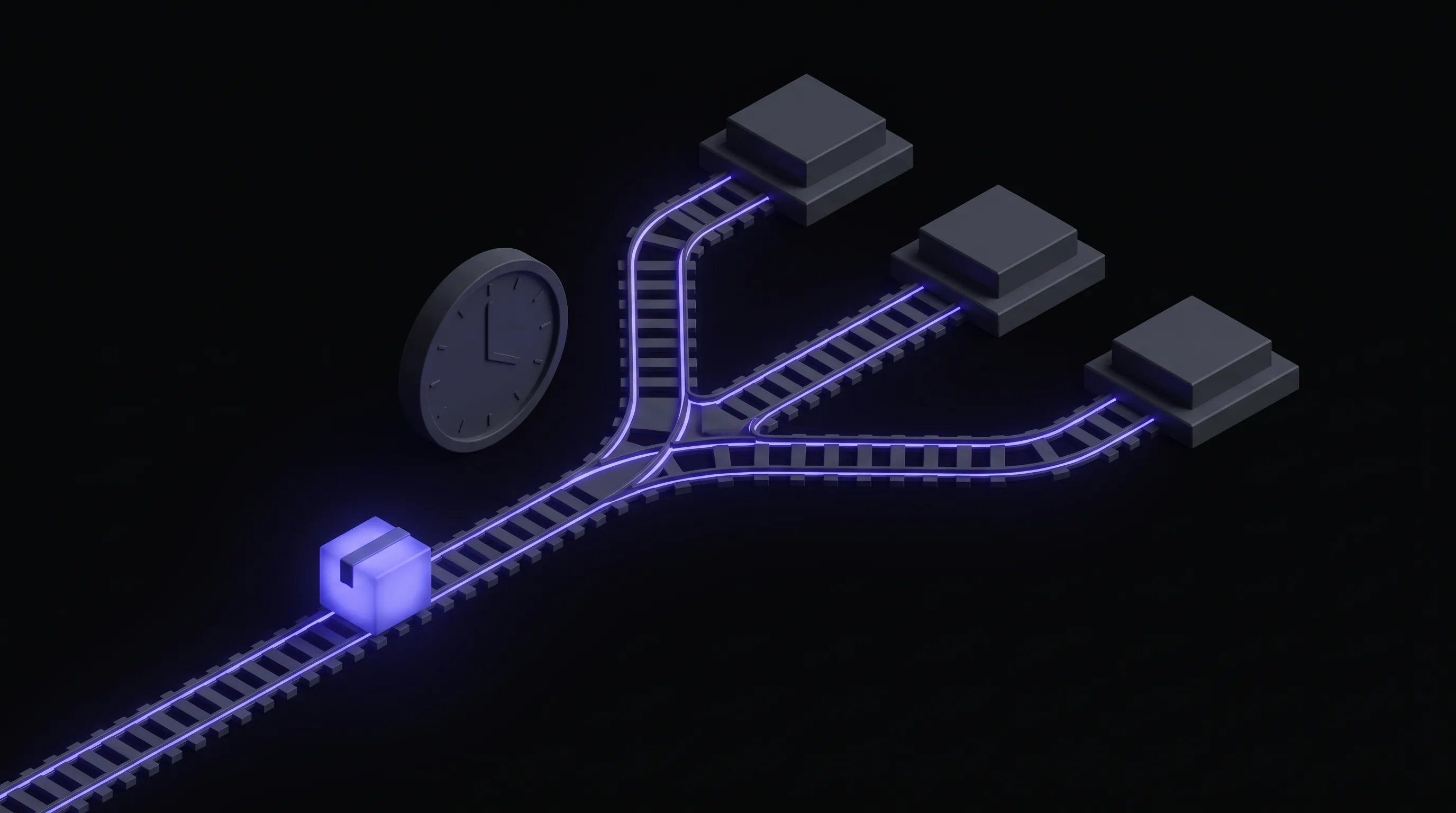 Dark isometric illustration of a glowing purple parcel on a railway track that splits at a switch into three branches, each ending at a grey pedestal, with a plain clock dial standing beside the junction.