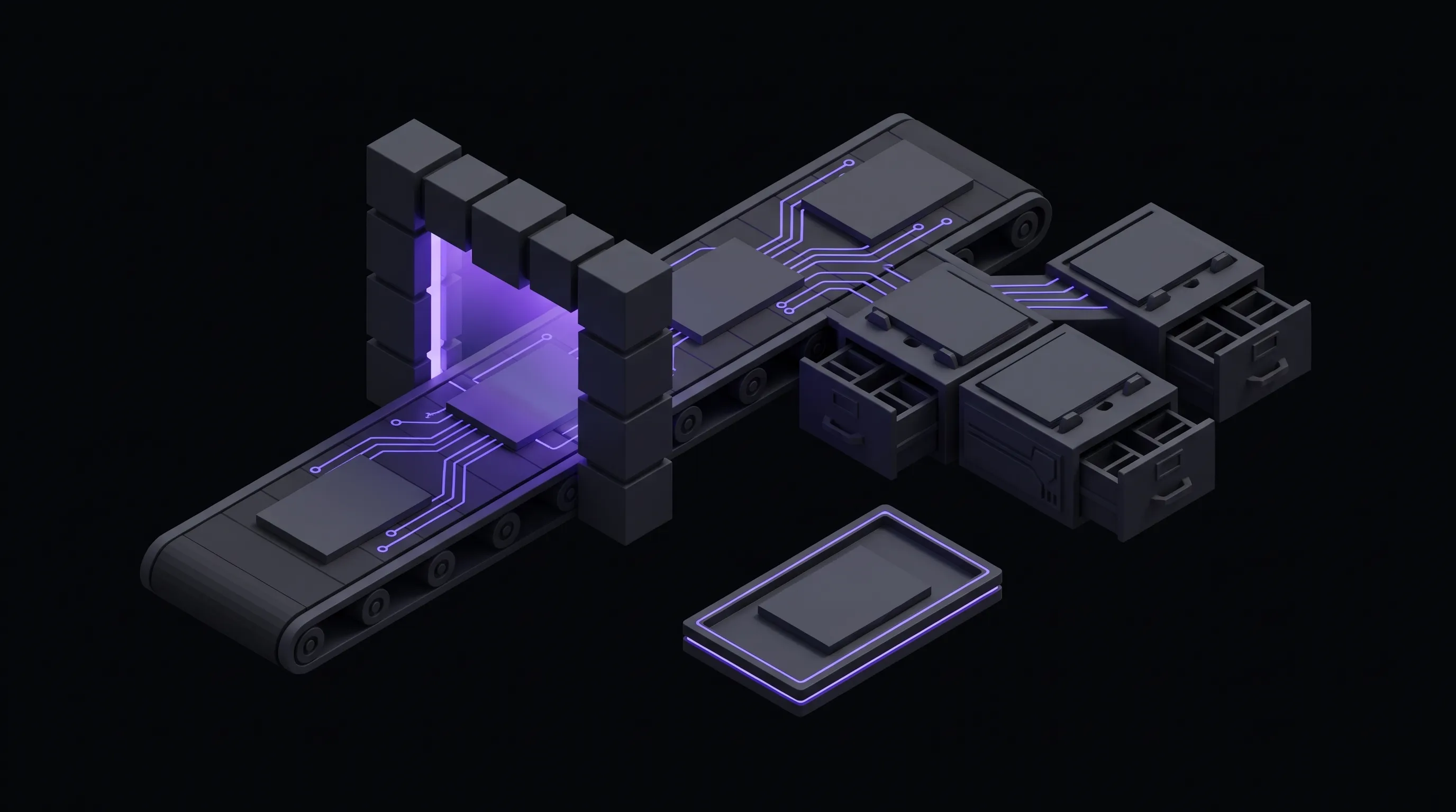 Dark isometric illustration of blank sheets riding a conveyor belt through a glowing scanning gate, then sorting into charcoal filing drawers, with one sheet set aside on a separate tray.