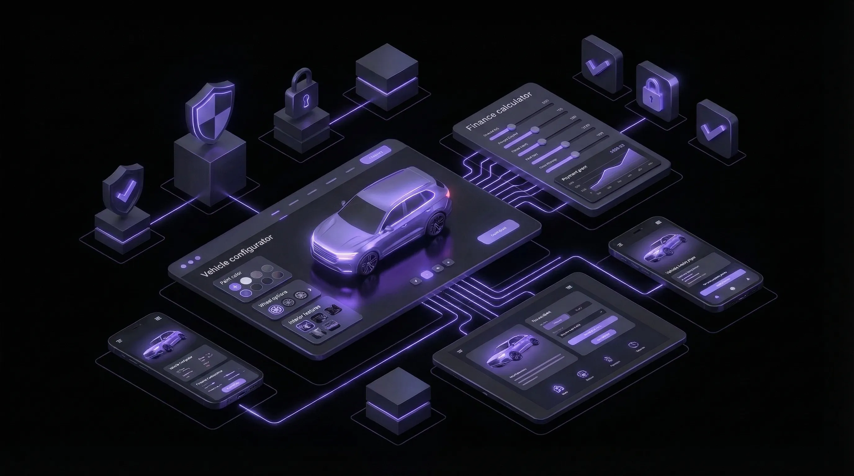 Isometric vehicle leasing website with modern UX elements, configurator interface, and mobile views