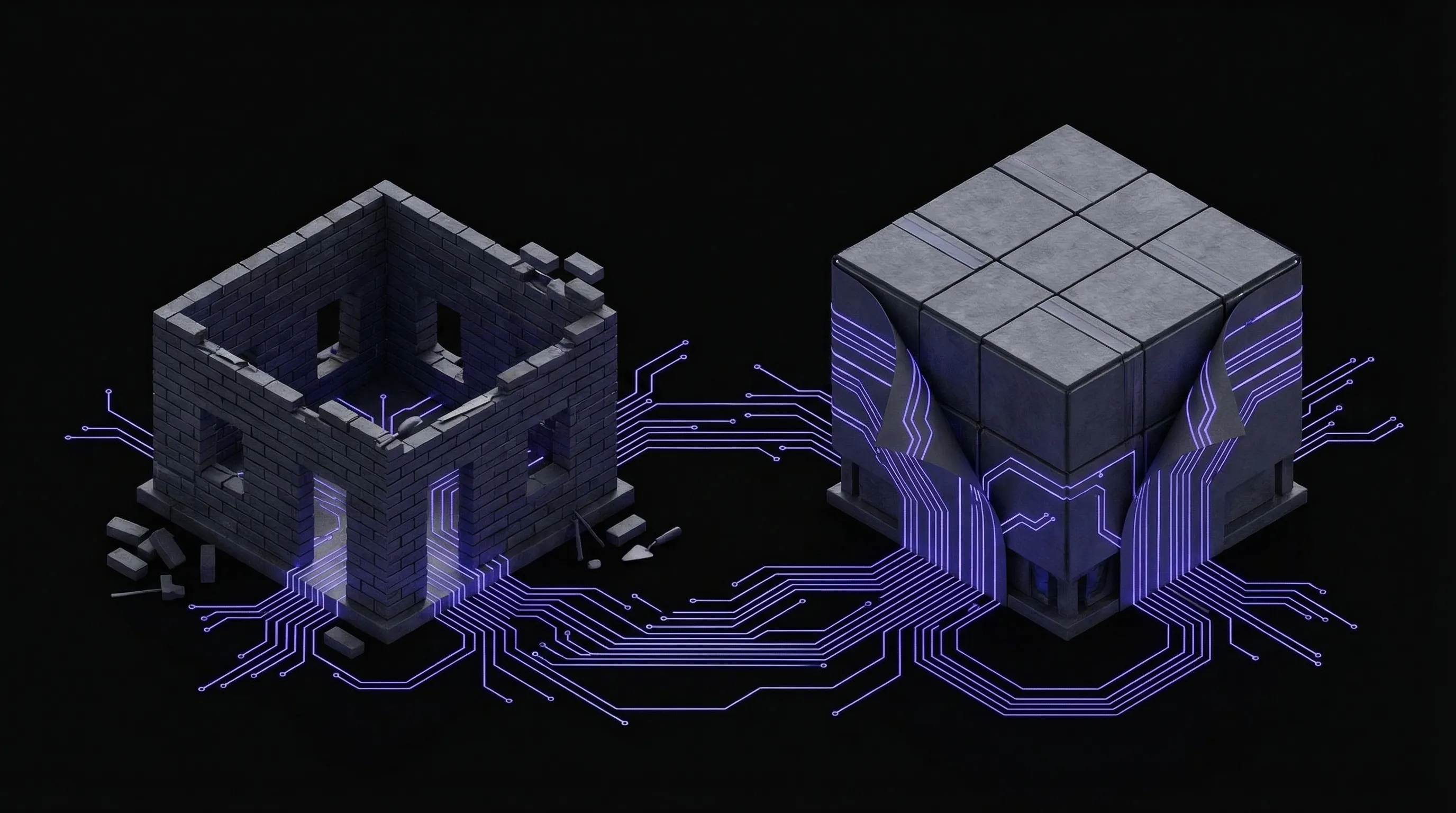 Decision framework diagram showing build versus buy evaluation criteria for software systems