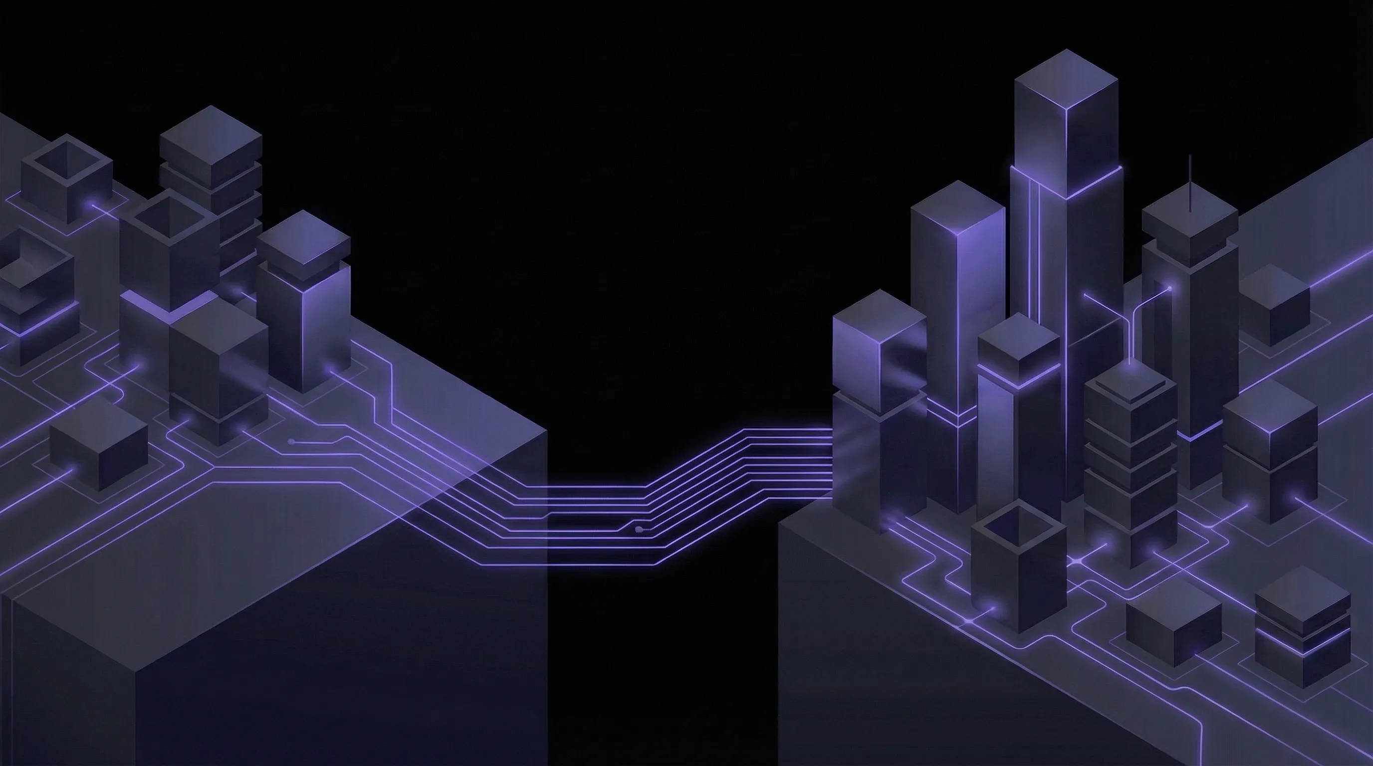 Two isometric platforms reaching toward each other with glowing circuit traces forming a bridge between them