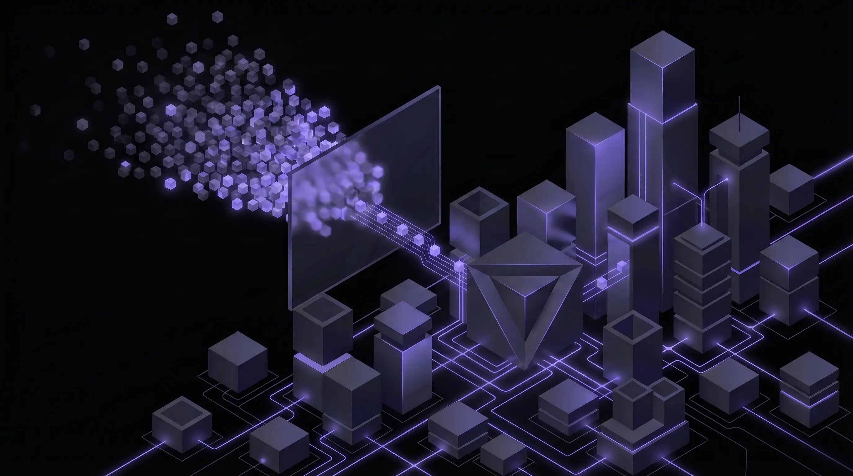 Isometric split-view of a website cookie consent banner feeding a Google Ads bidding engine, with most visitor data faded out, on a dark purple circuit-trace background