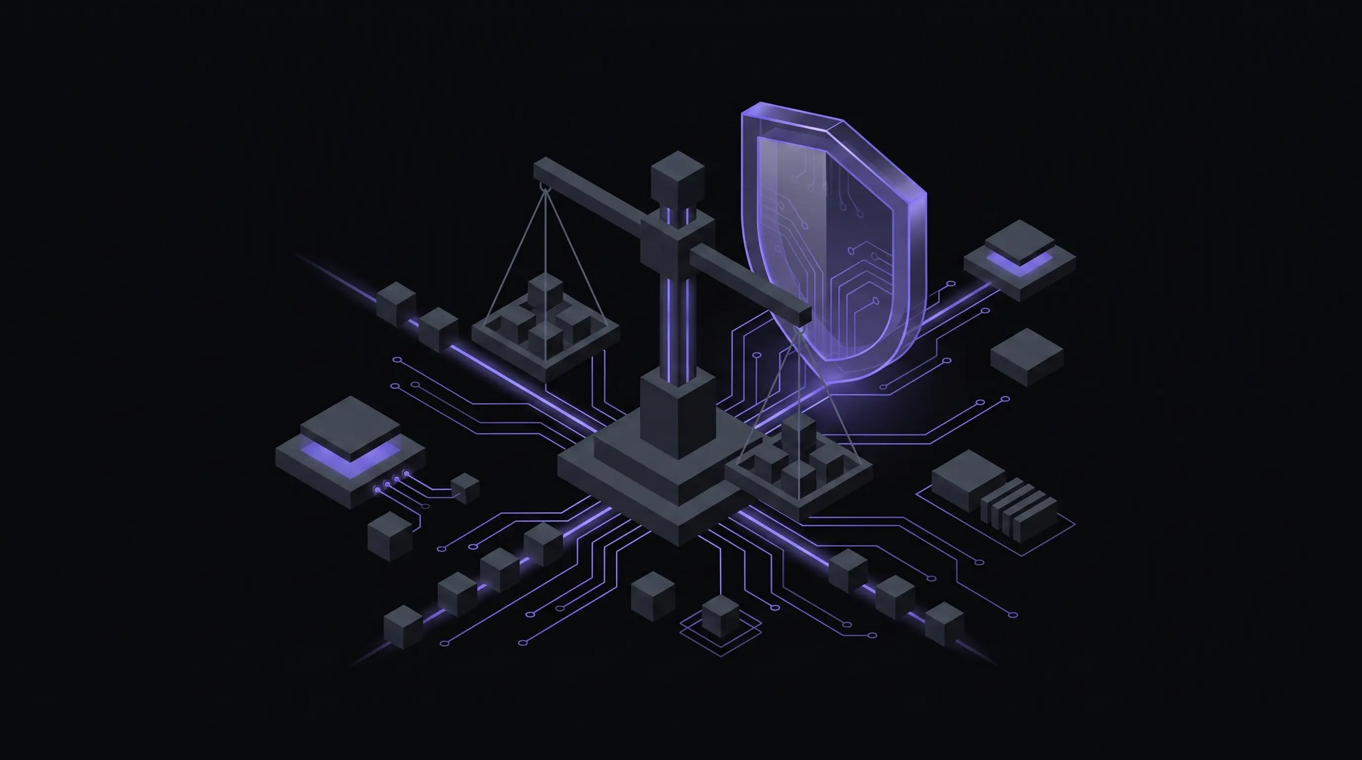 Dark isometric illustration of a financial services decision pipeline: an AI model node feeding a set of balanced scales, with a human oversight checkpoint and audit-log panels, rendered in deep navy with indigo and violet accents.