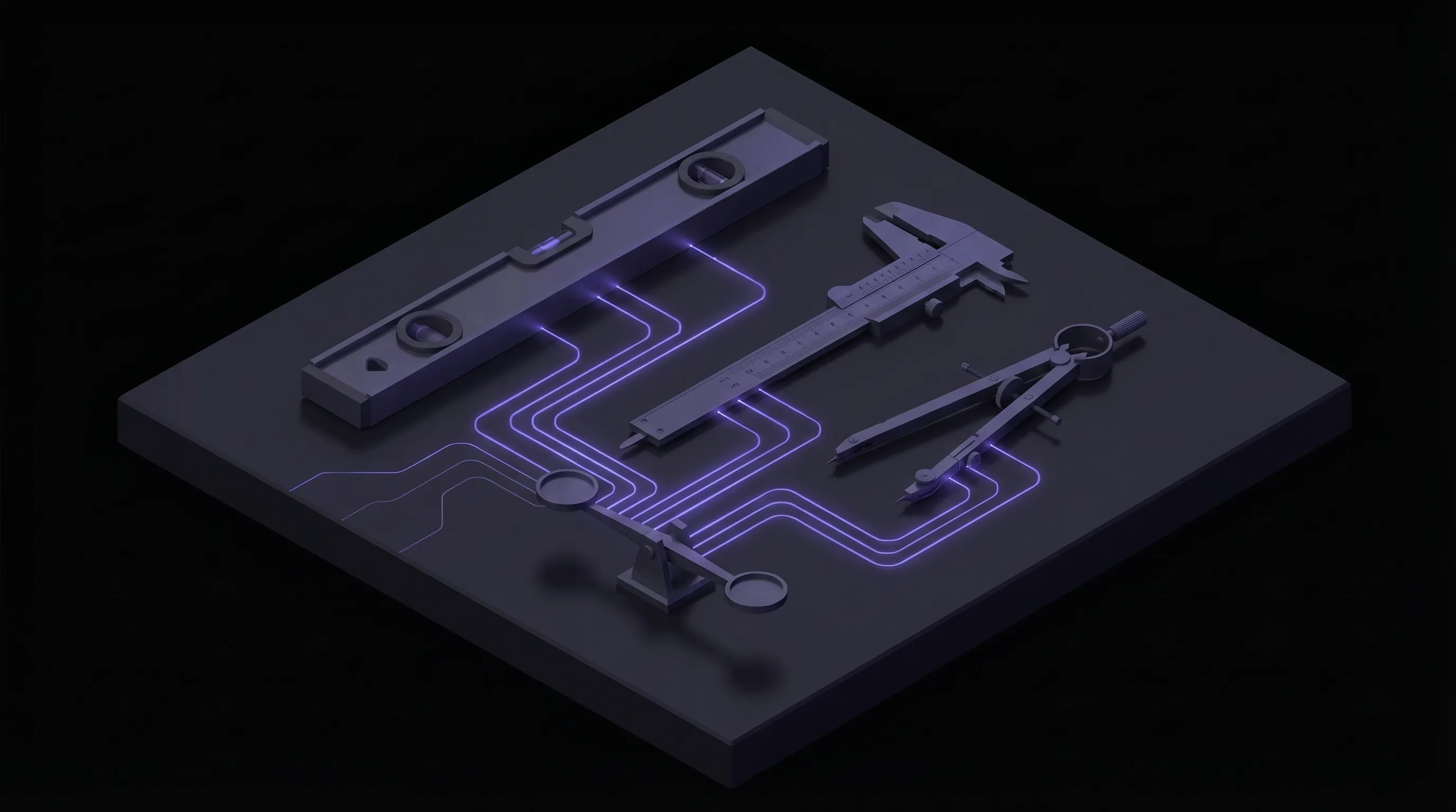 Dark isometric illustration of three different precision instruments, a spirit level, a calliper and a drafting compass, on a charcoal workbench with purple circuit traces linking each to a small balance beam.