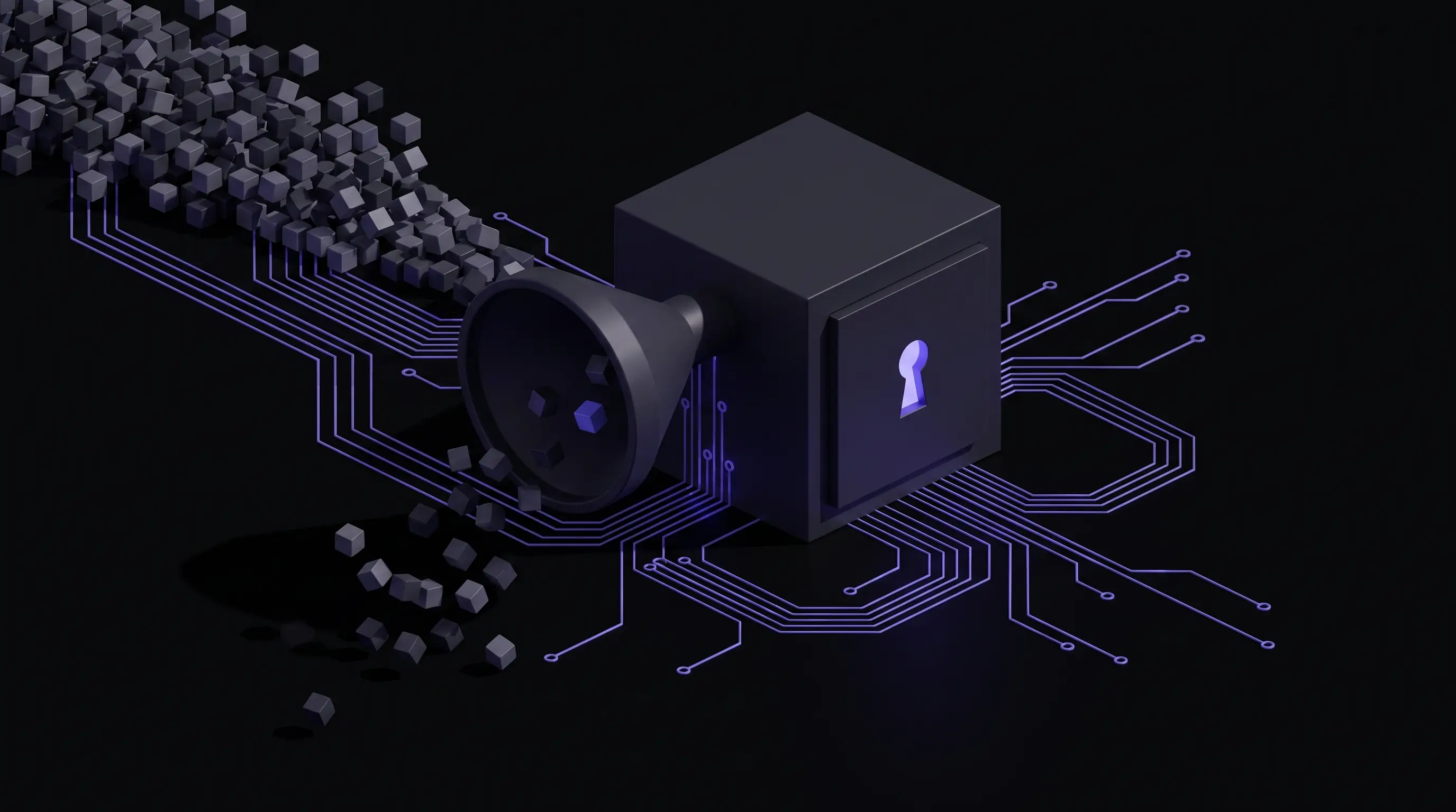 Dark isometric illustration of a customer data record passing through a filter that strips fields, flowing into a shielded LLM with a human-review checkpoint and a UK-US transfer boundary.