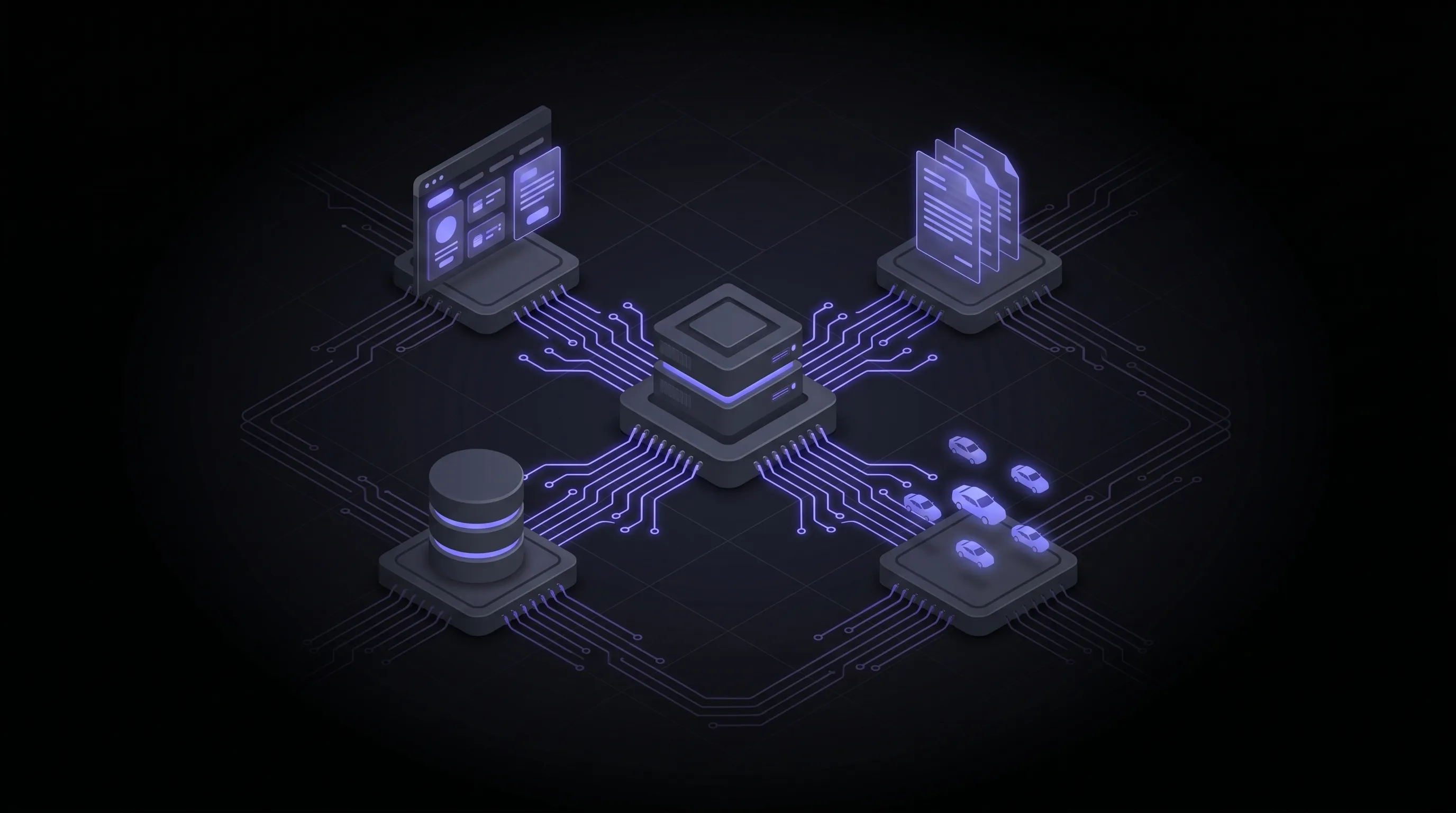 Isometric diagram of a dealer management system hub connected to an ecommerce storefront, finance quotation node, customer CRM, and inventory store via glowing purple API connectors