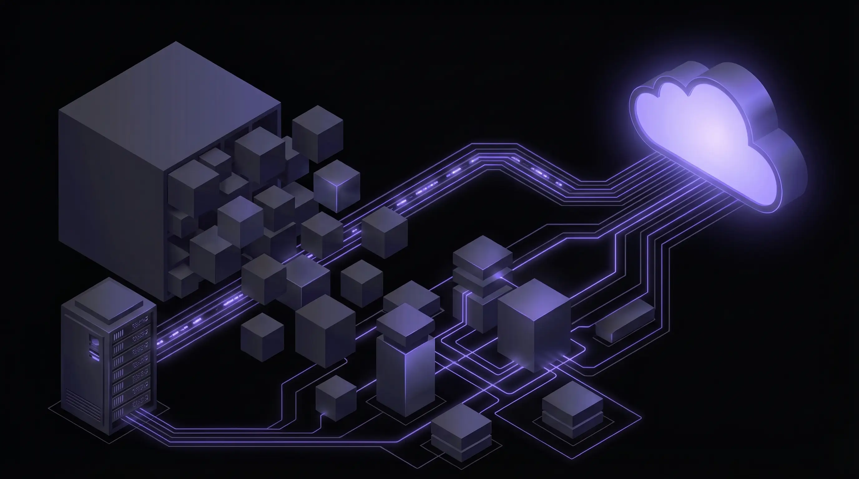 Dark isometric illustration of a sprawling monolithic database table being decomposed into clean normalised tables, with a routing bridge carrying data from an on-prem server to a glowing indigo cloud API.