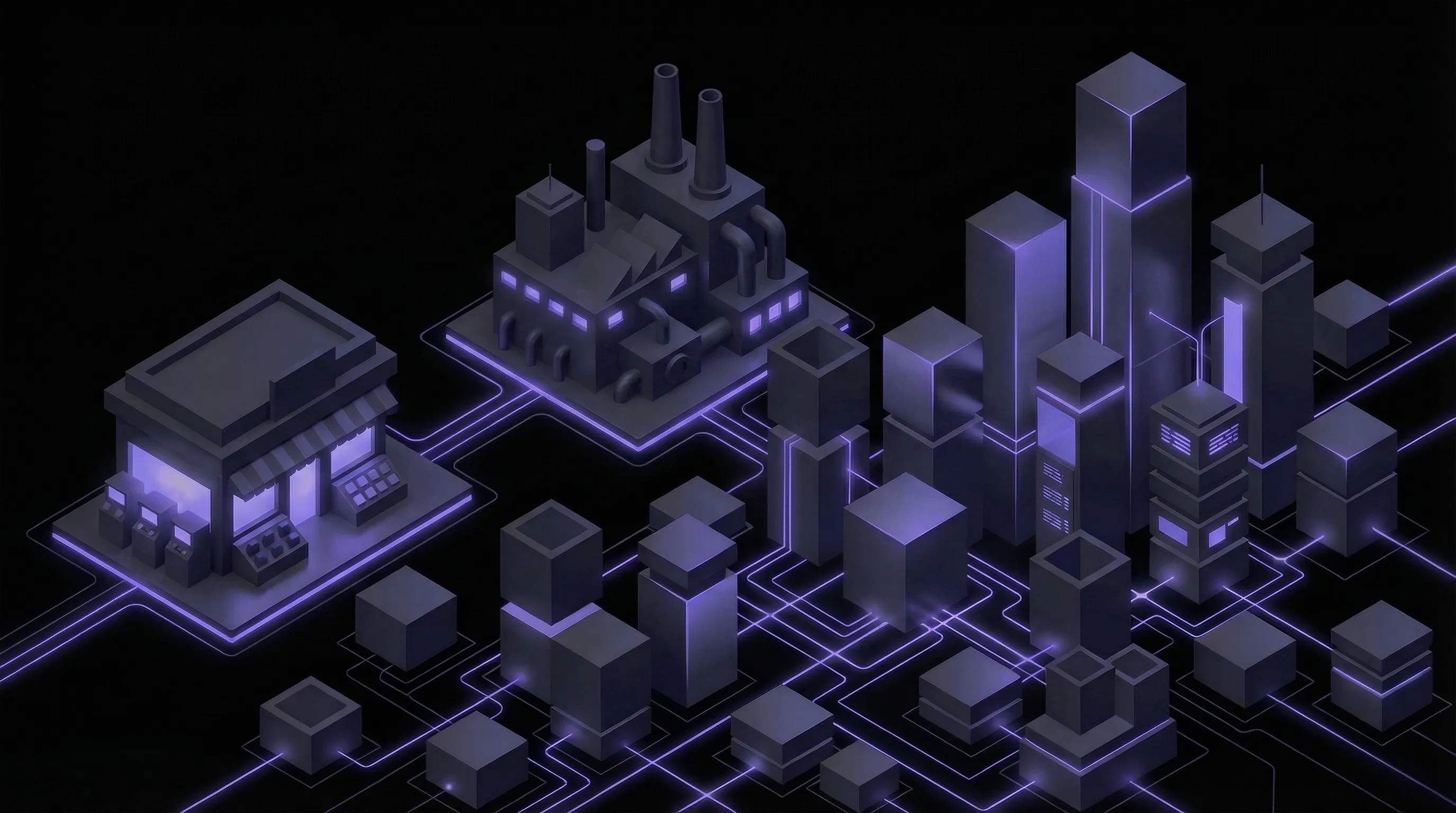Isometric storefront, factory, and tech hub connected by glowing purple circuit traces