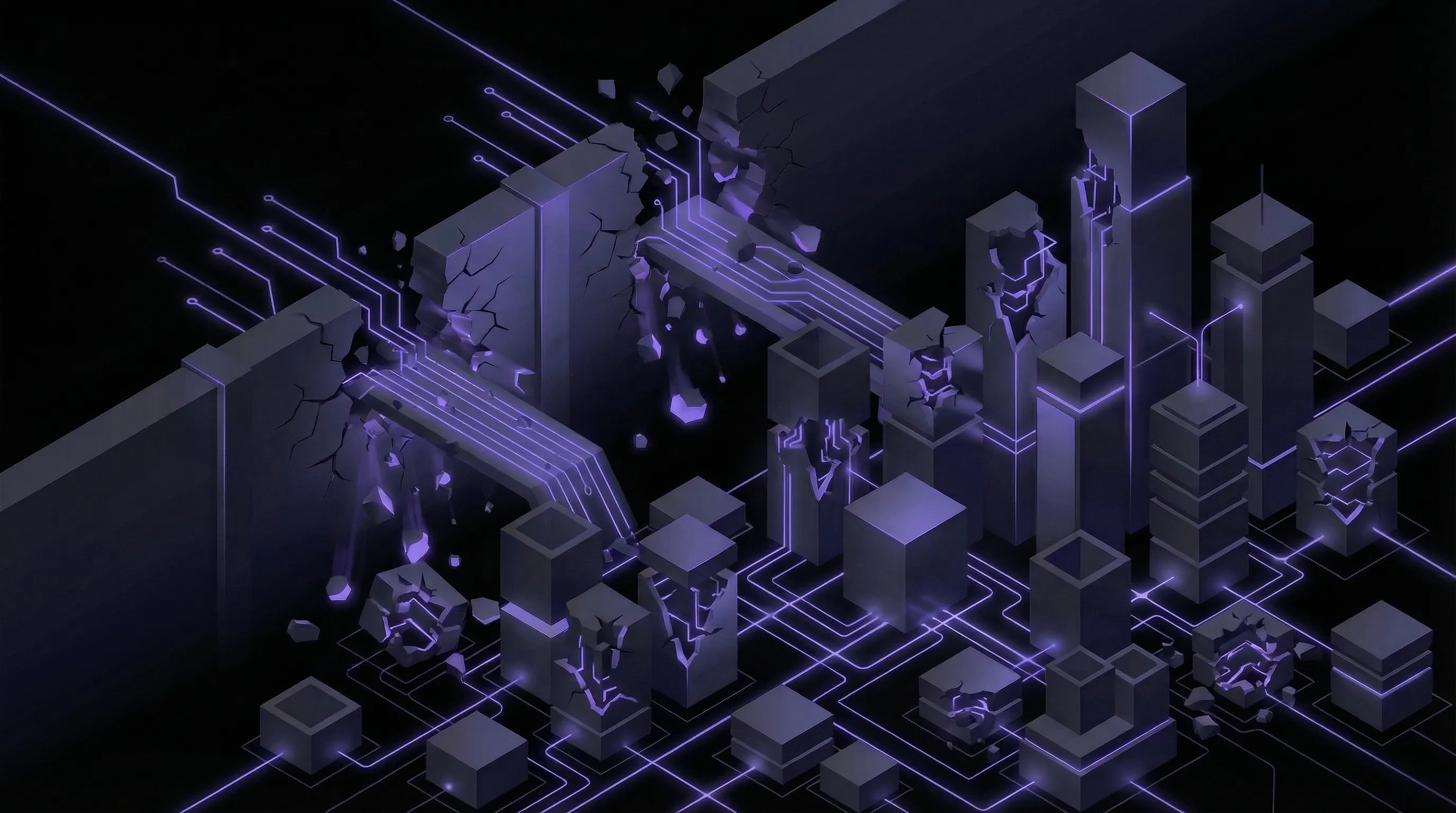 Isometric walls and barriers being broken through with glowing circuit traces finding paths around obstacles