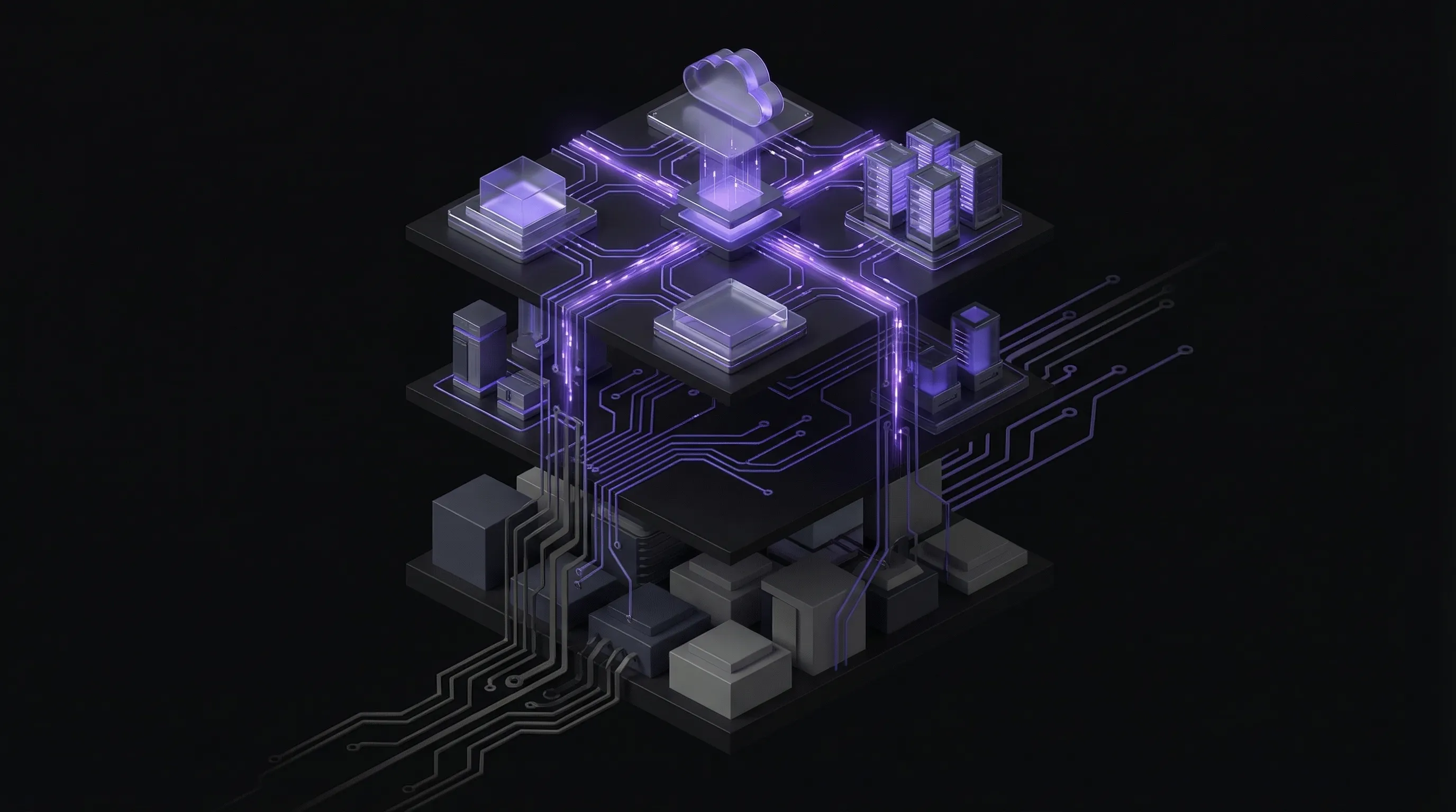 Layered isometric digital transformation ecosystem showing legacy systems evolving into modern cloud architecture
