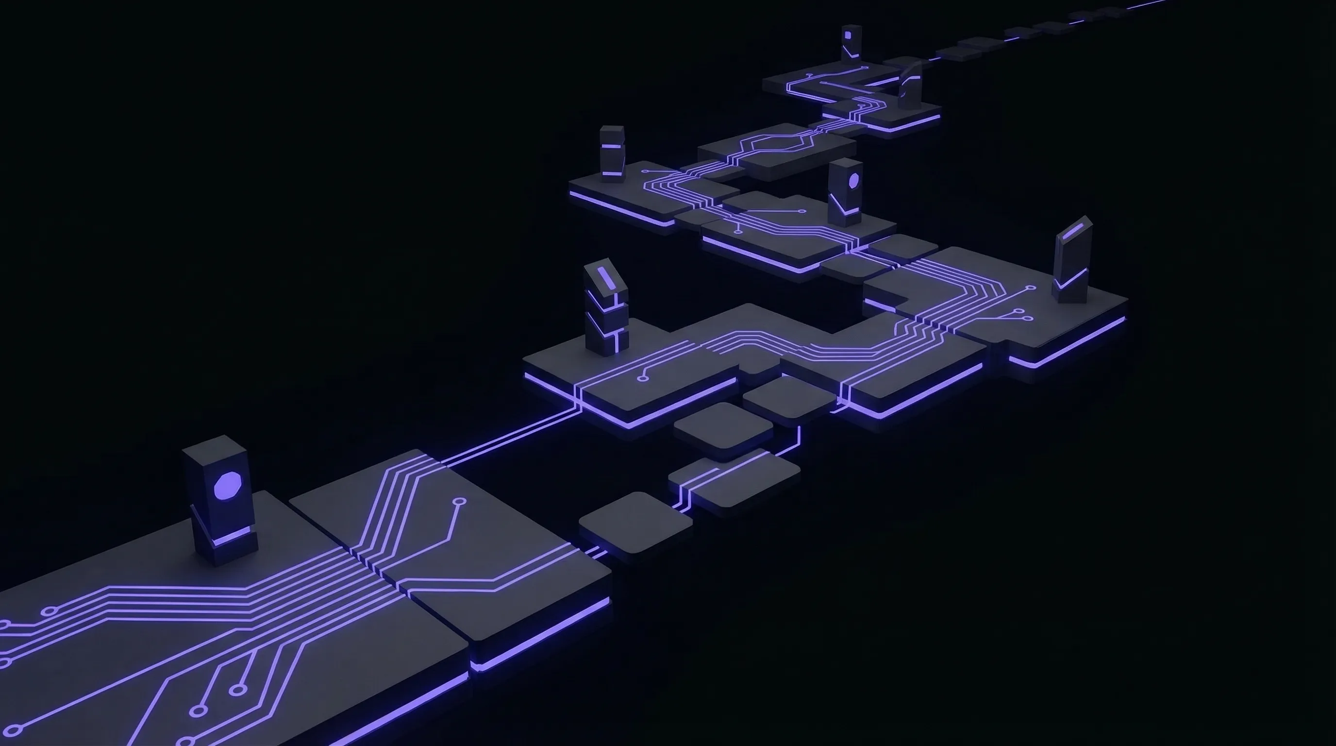 Isometric pathway of connected platforms and stepping stones representing a strategic transformation roadmap