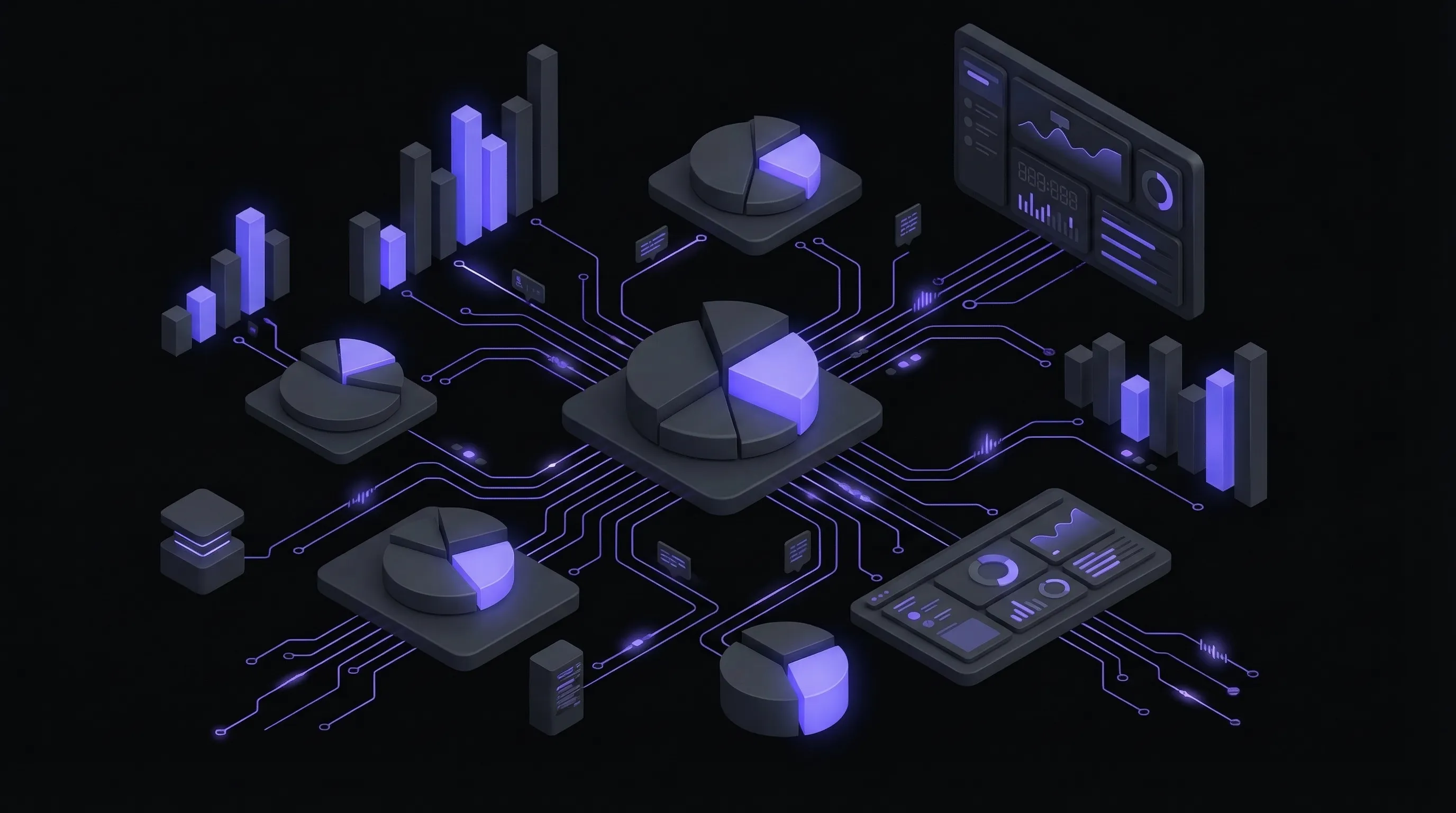 Isometric data dashboards with bar charts and pie charts connected by glowing circuit traces