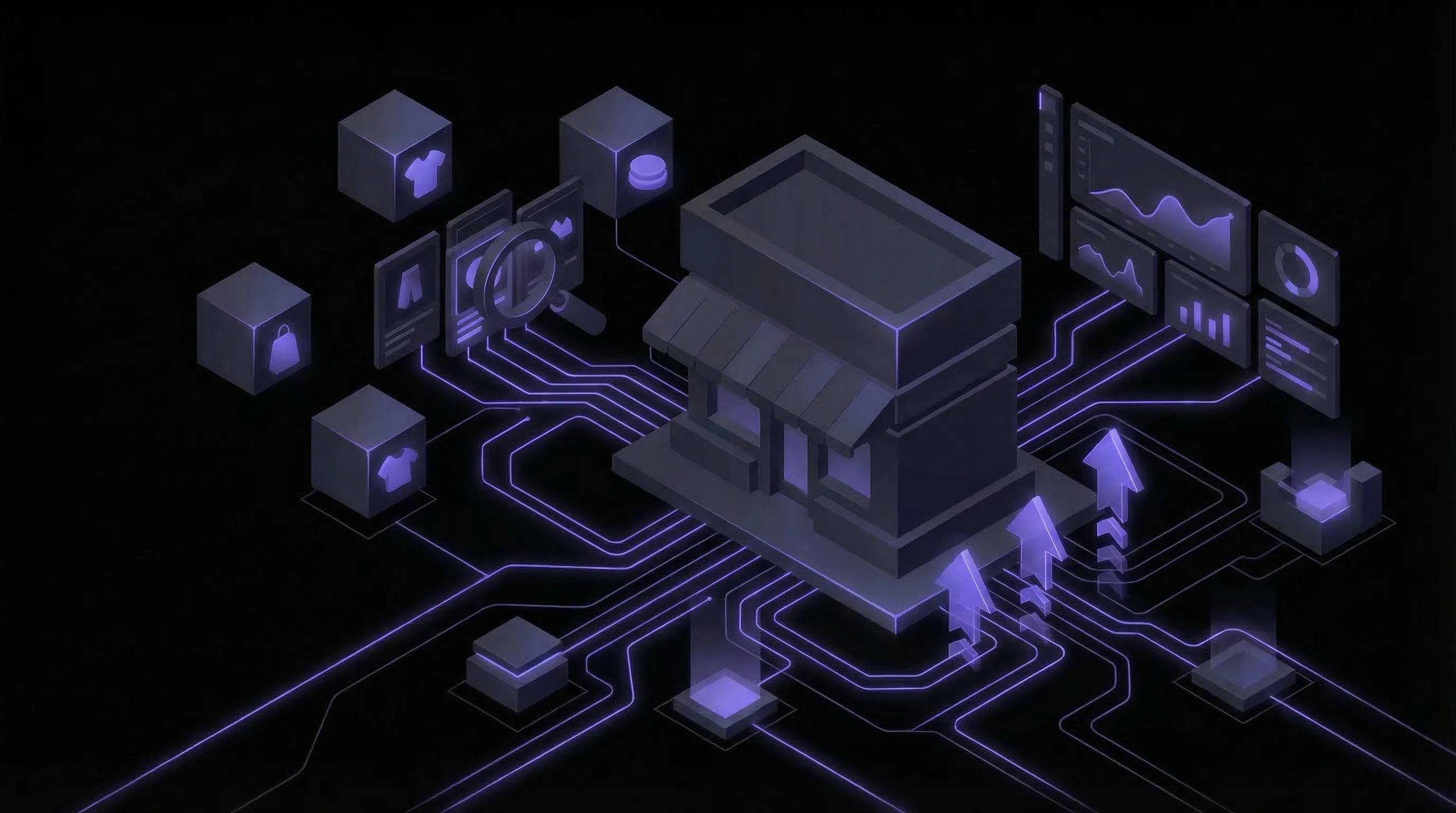 Isometric ecommerce store with search engine optimisation elements and analytics dashboards