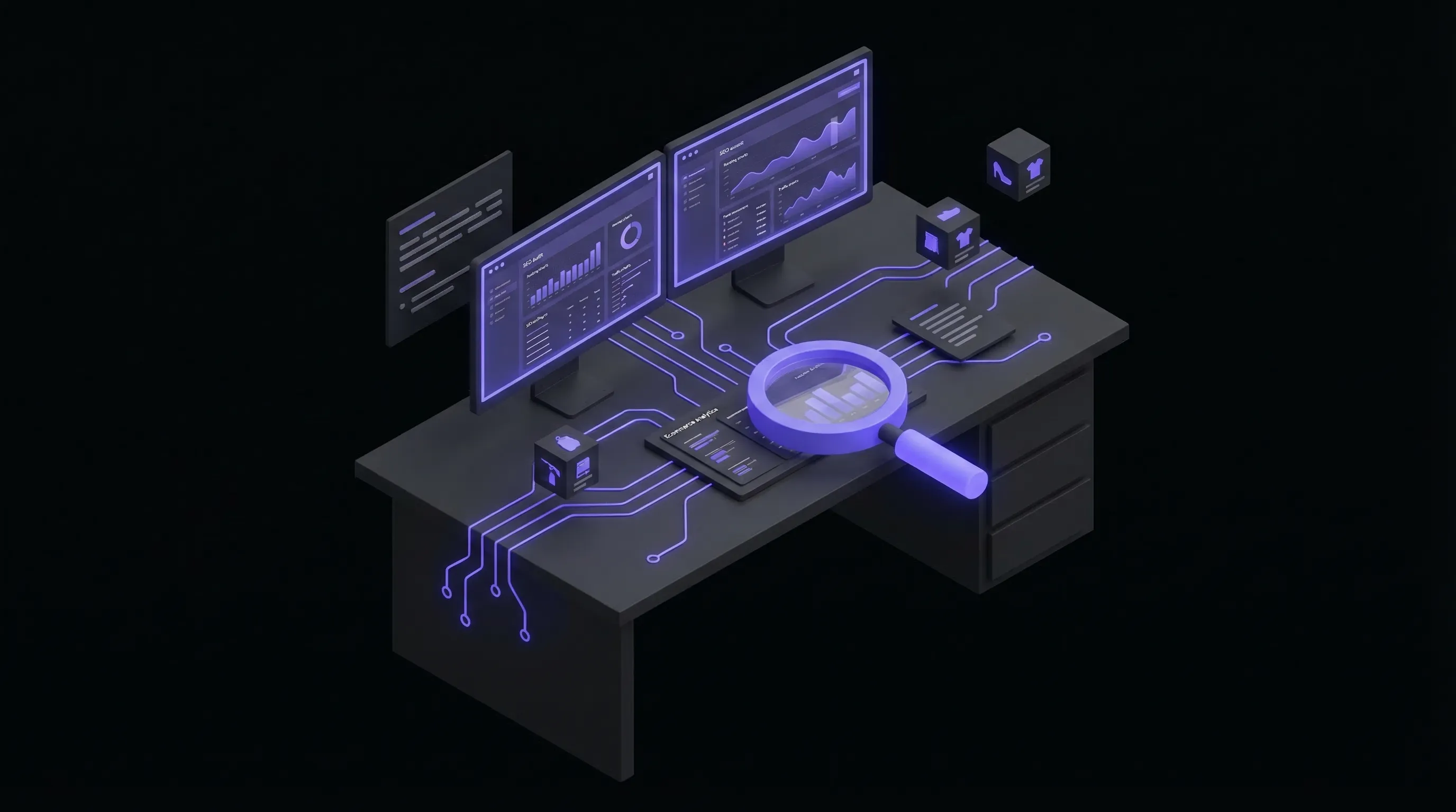 Isometric workstation with SEO audit dashboards and ecommerce analytics