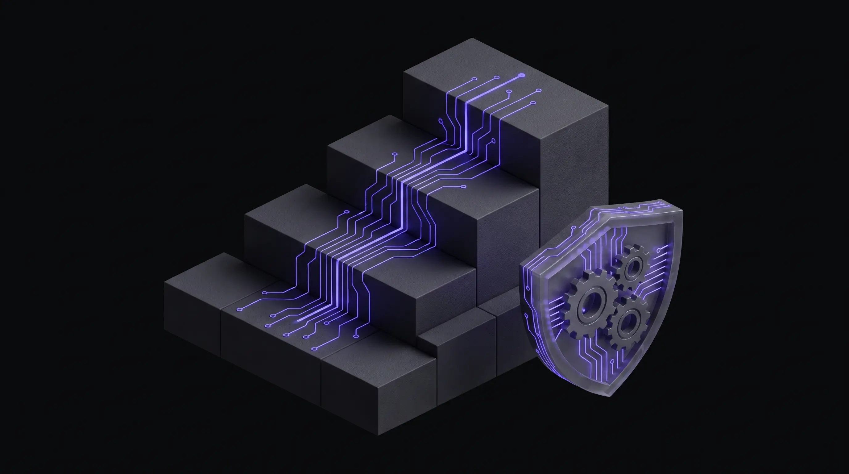 Dark isometric illustration of a four-tier AI risk pyramid beside a stylised UK and EU map, with governance checkpoints and a human-in-the-loop review gate glowing in indigo.