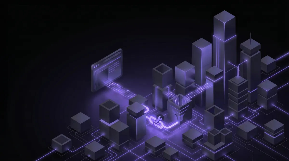 Isometric Google Ads conversion tracking dashboard with broken tag icons and diagnostic overlays on a dark purple circuit-trace background