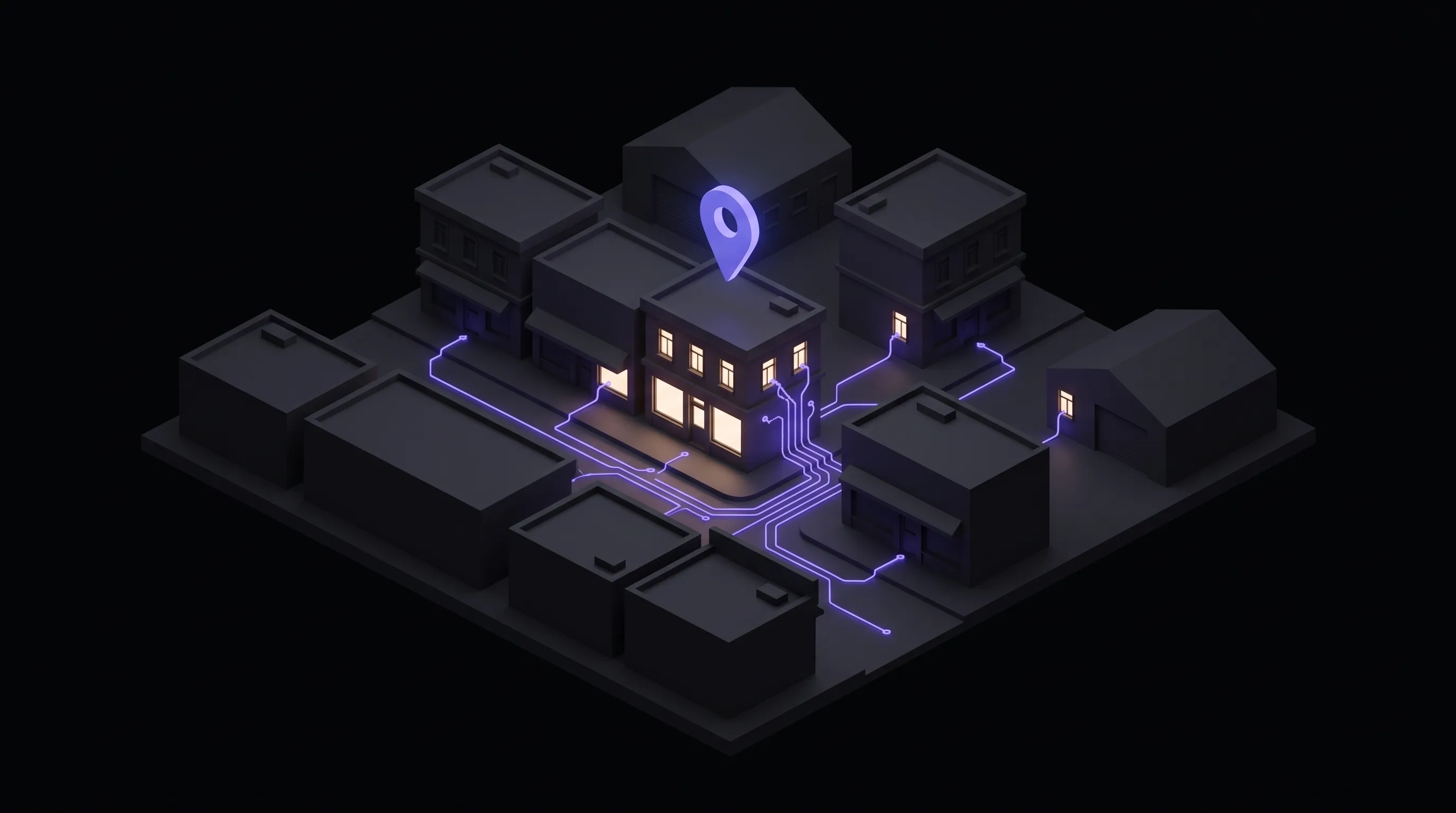 Dark isometric illustration of a small town block of charcoal shopfronts with one lit building, a glowing purple map pin above it and purple circuit traces running along the streets to nearby windows.