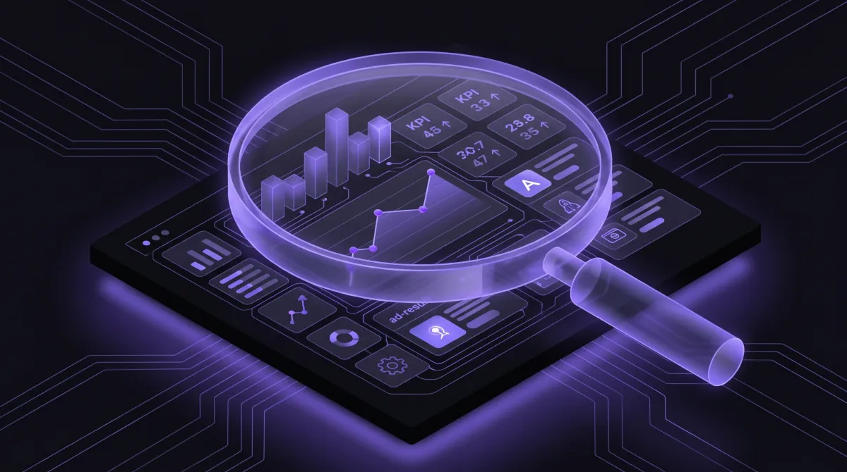Isometric magnifying glass auditing a paid-search advertising dashboard with charts and KPI tiles in purple on a dark background