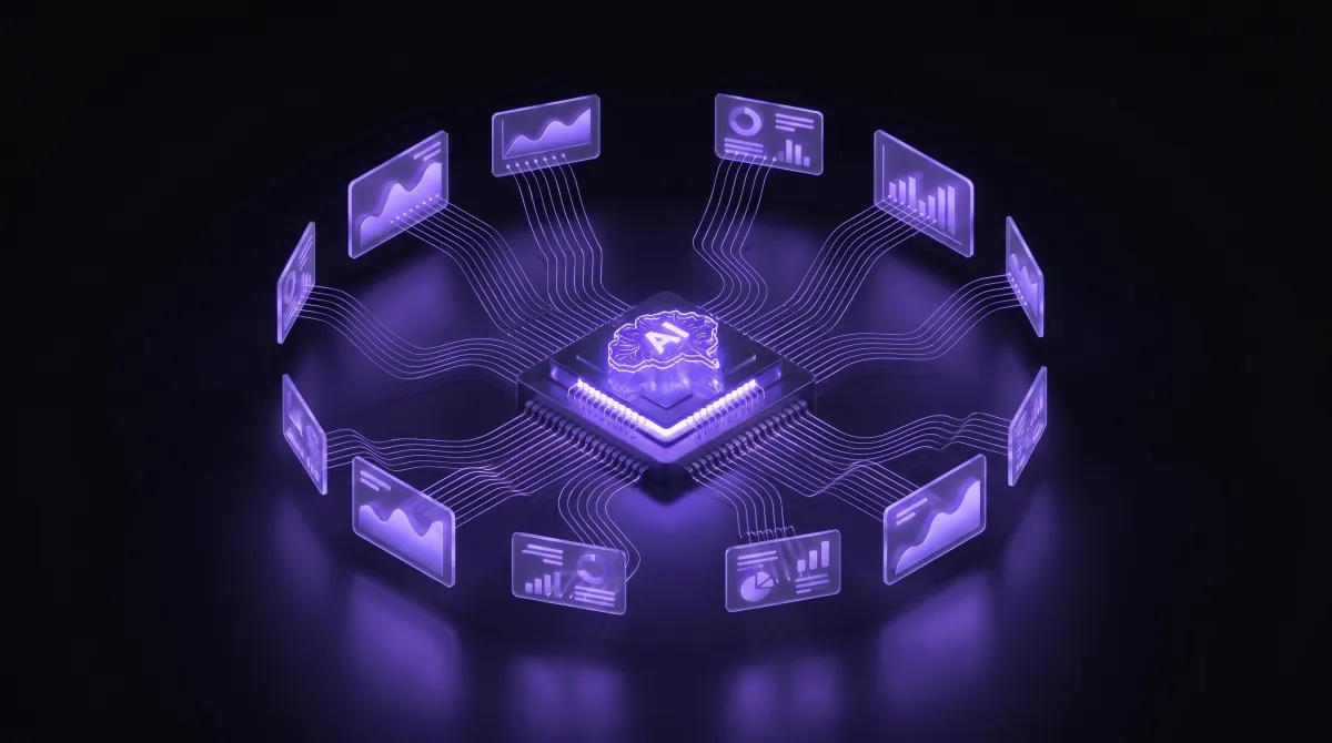 Isometric AI chip orchestrating a ring of floating advertising campaign cards via glowing connections, purple on a dark background