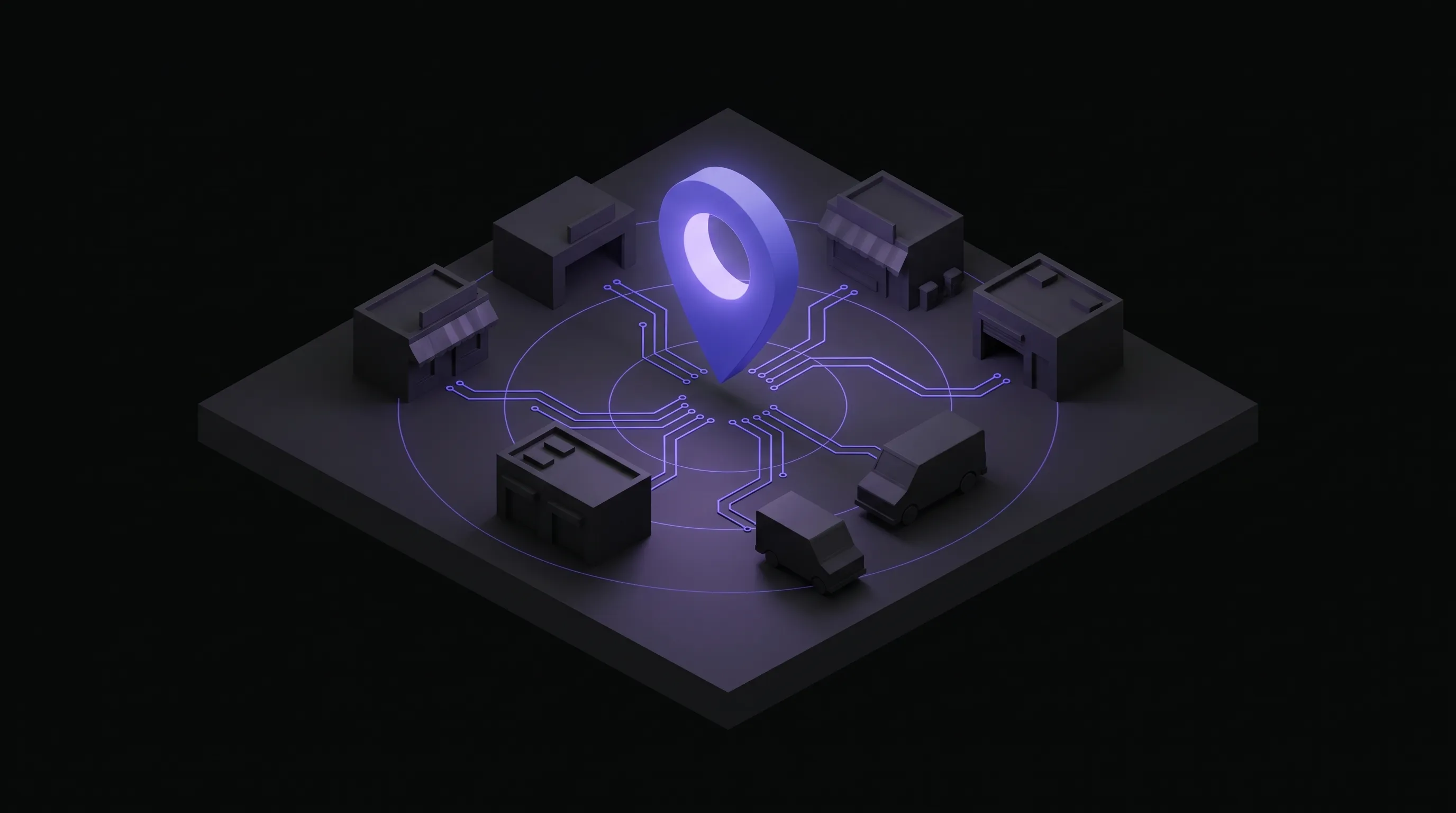 Dark isometric map tile with a glowing purple map pin above the centre, surrounded by small charcoal shopfronts and vans joined to the pin by purple circuit traces inside faint circular rings.