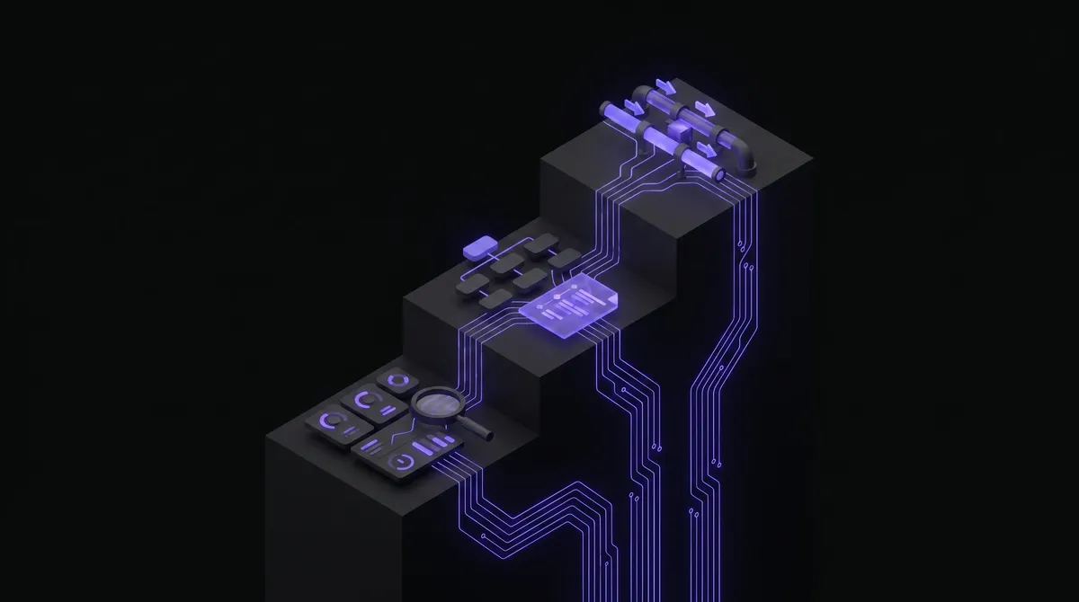 Isometric 30/60/90 day timeline with assessment, alignment, and delivery milestones connected by purple circuit traces