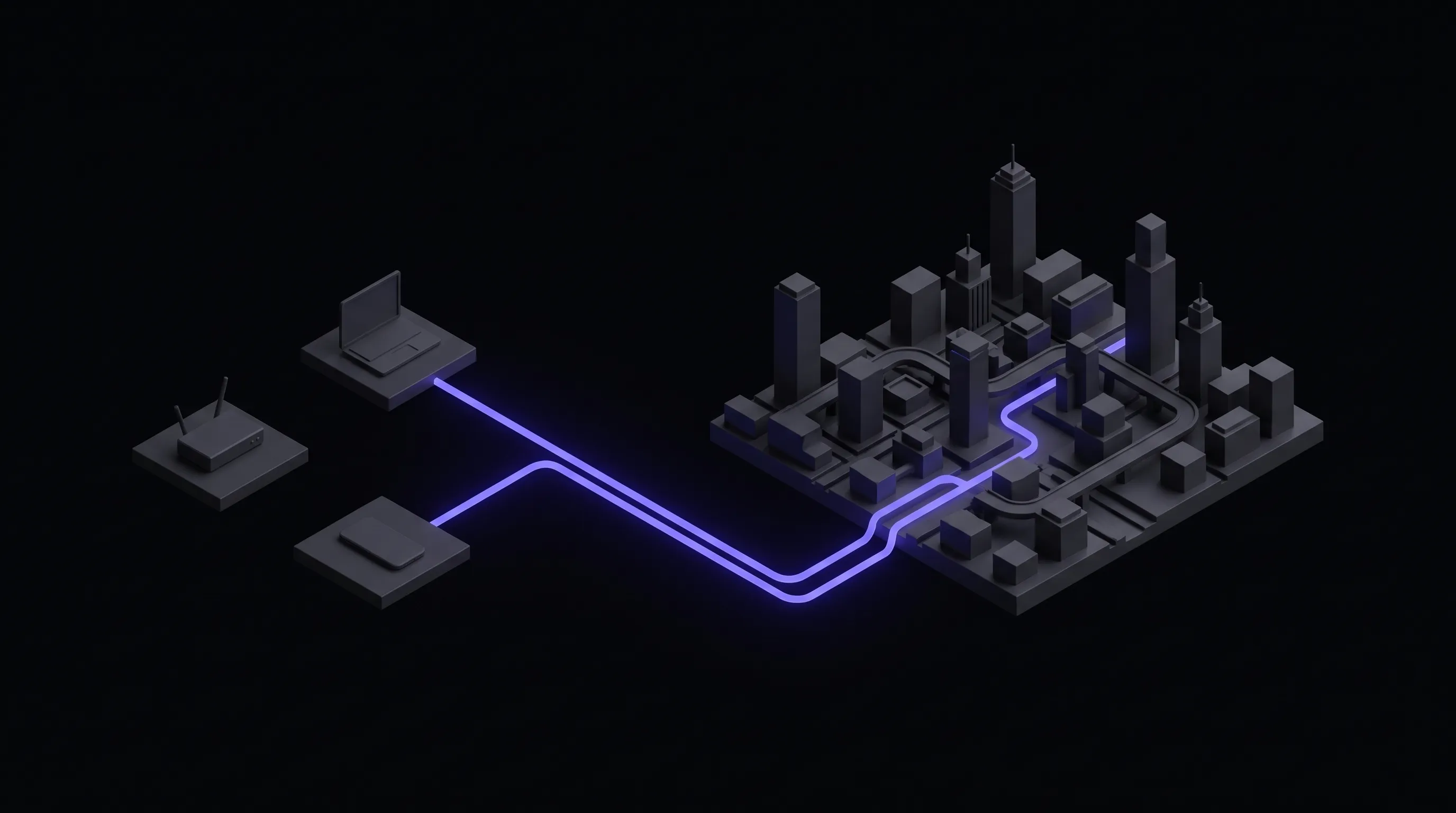 Dark isometric illustration of a few small separate tiles holding a laptop, a router and a phone, joined by one glowing purple circuit trace to a large raised model of interconnected blocks and towers.