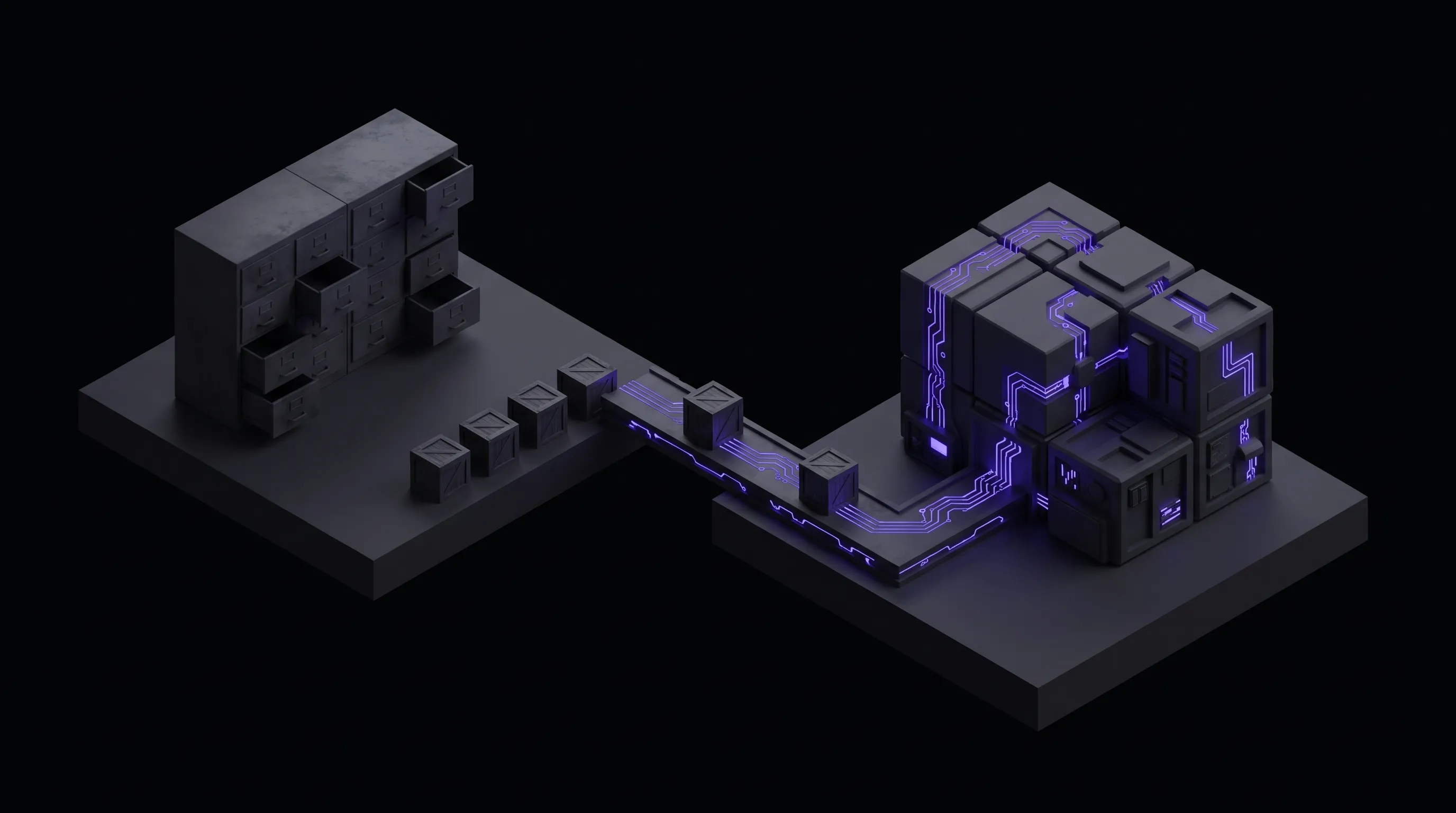 Dark isometric illustration of two charcoal platforms joined by a narrow glowing bridge, with small crates crossing from an old drawer cabinet on the left to a new modular structure on the right.
