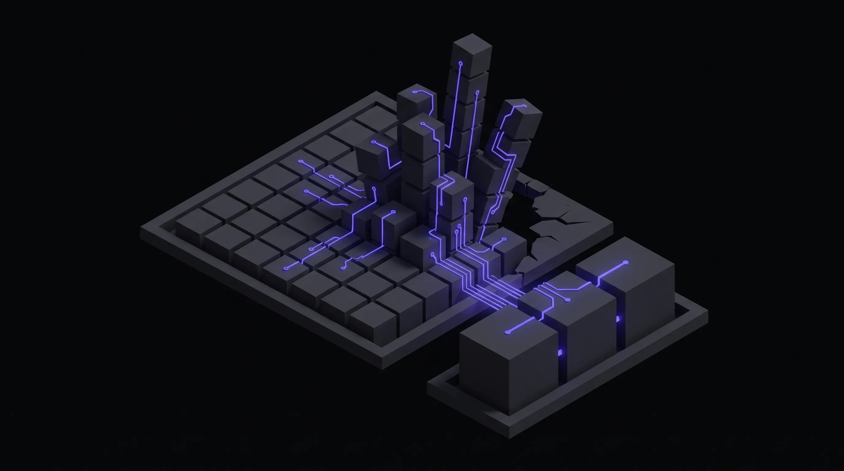Dark isometric illustration of a grid of charcoal cubes in a cracked frame, with tall towers breaking out of one side and purple circuit traces leading to three solid blocks on a platform.