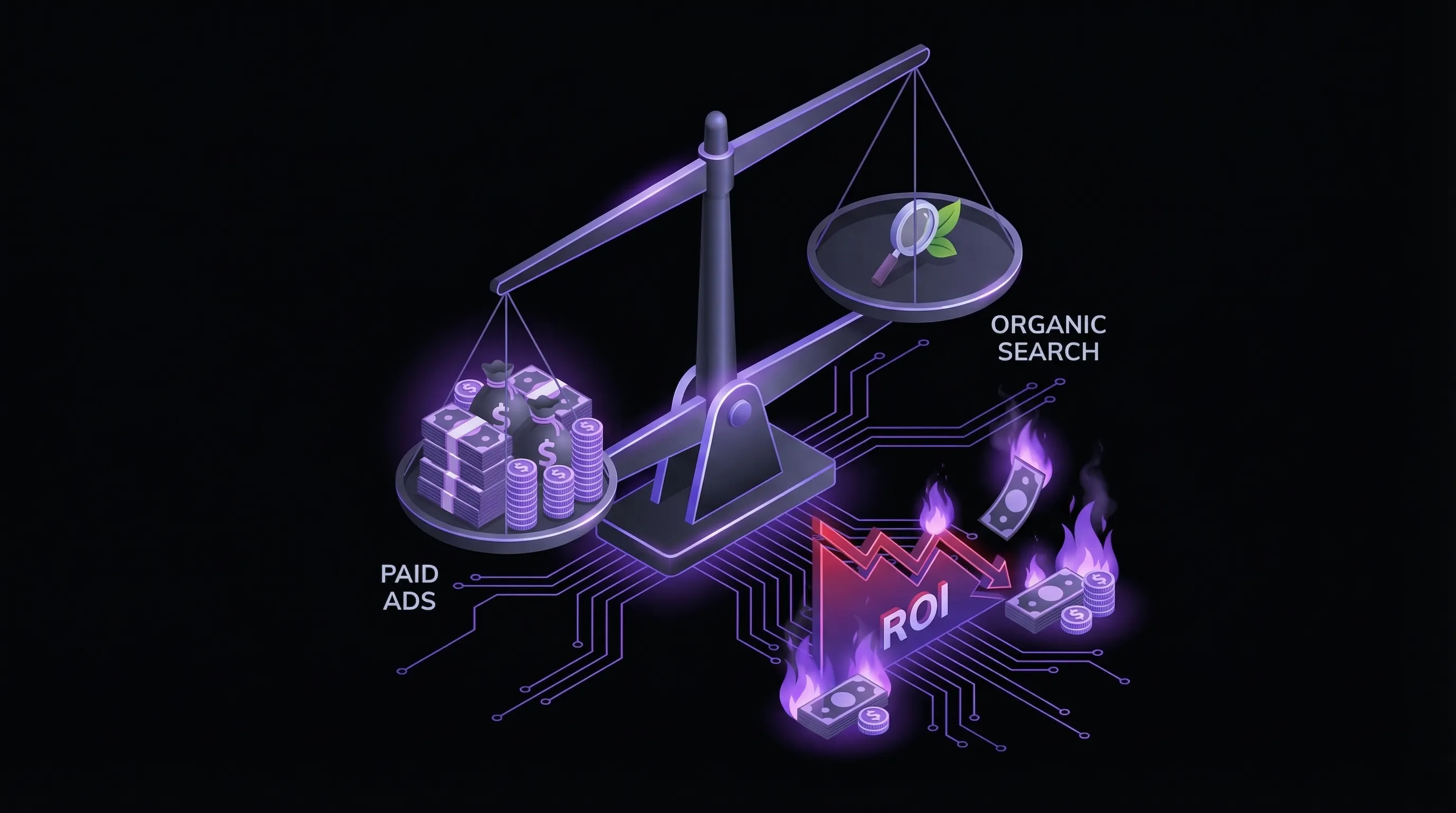 Isometric balance scale showing paid ads versus organic search with declining ROI indicators