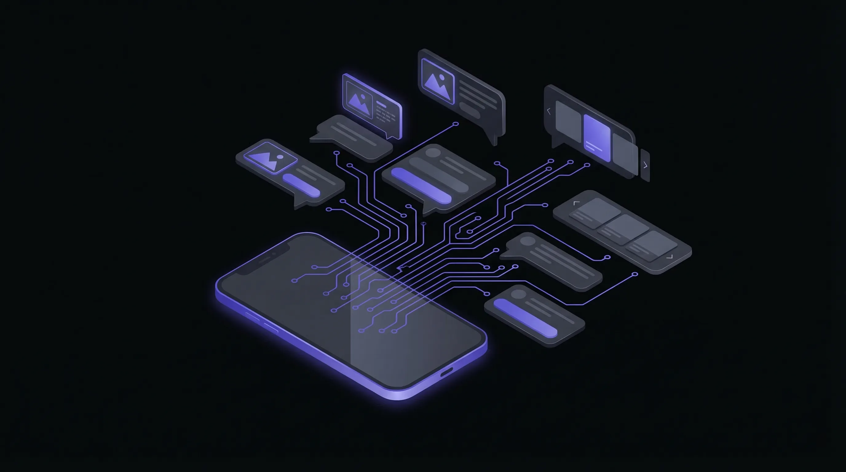 Isometric smartphone with rich interactive message cards and purple circuit traces representing RCS messaging capabilities