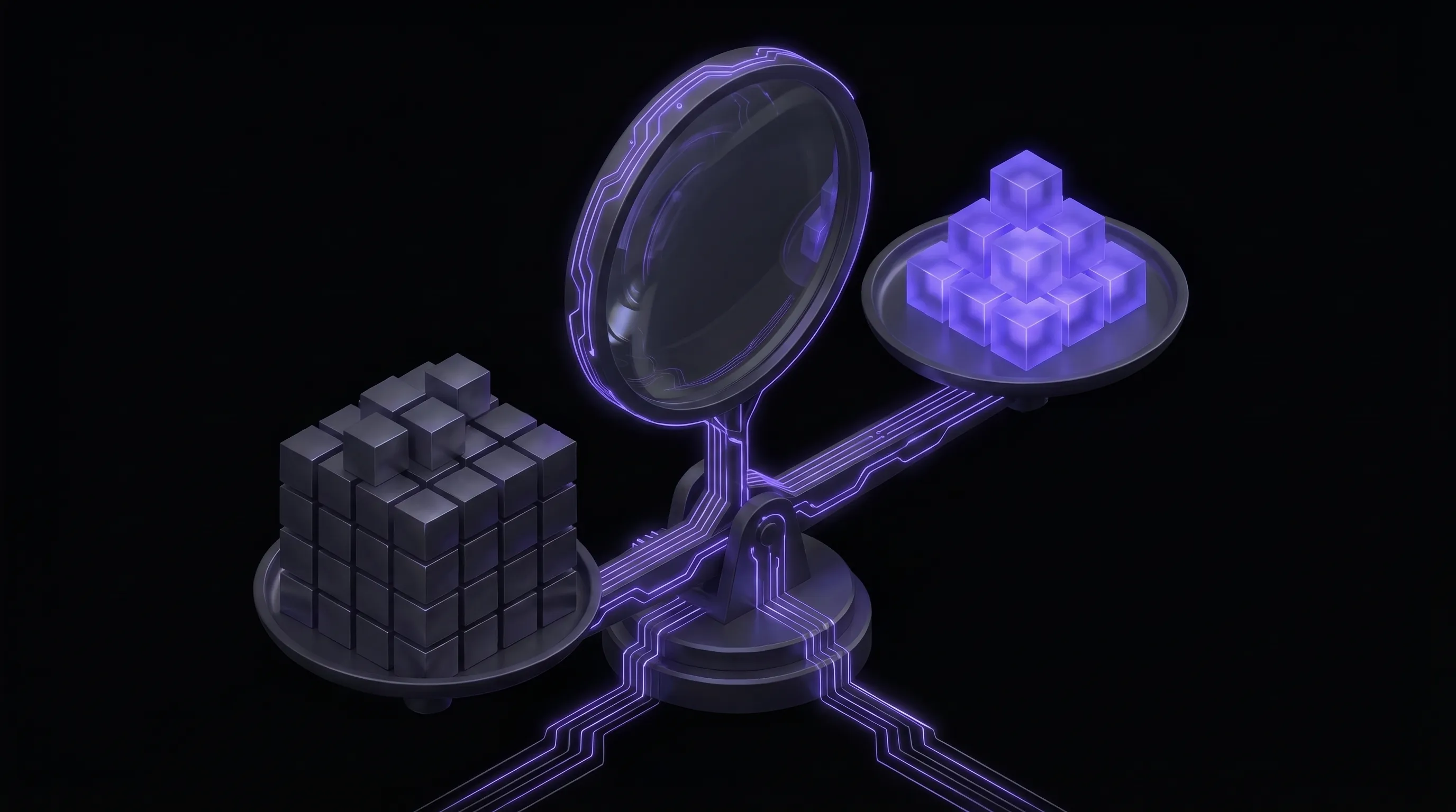 Dark isometric illustration of a balance scale with a stack of grey cubes on one pan and a smaller glowing purple stack on the other, with a large glass magnifying lens above it and purple circuit traces running through the scale.