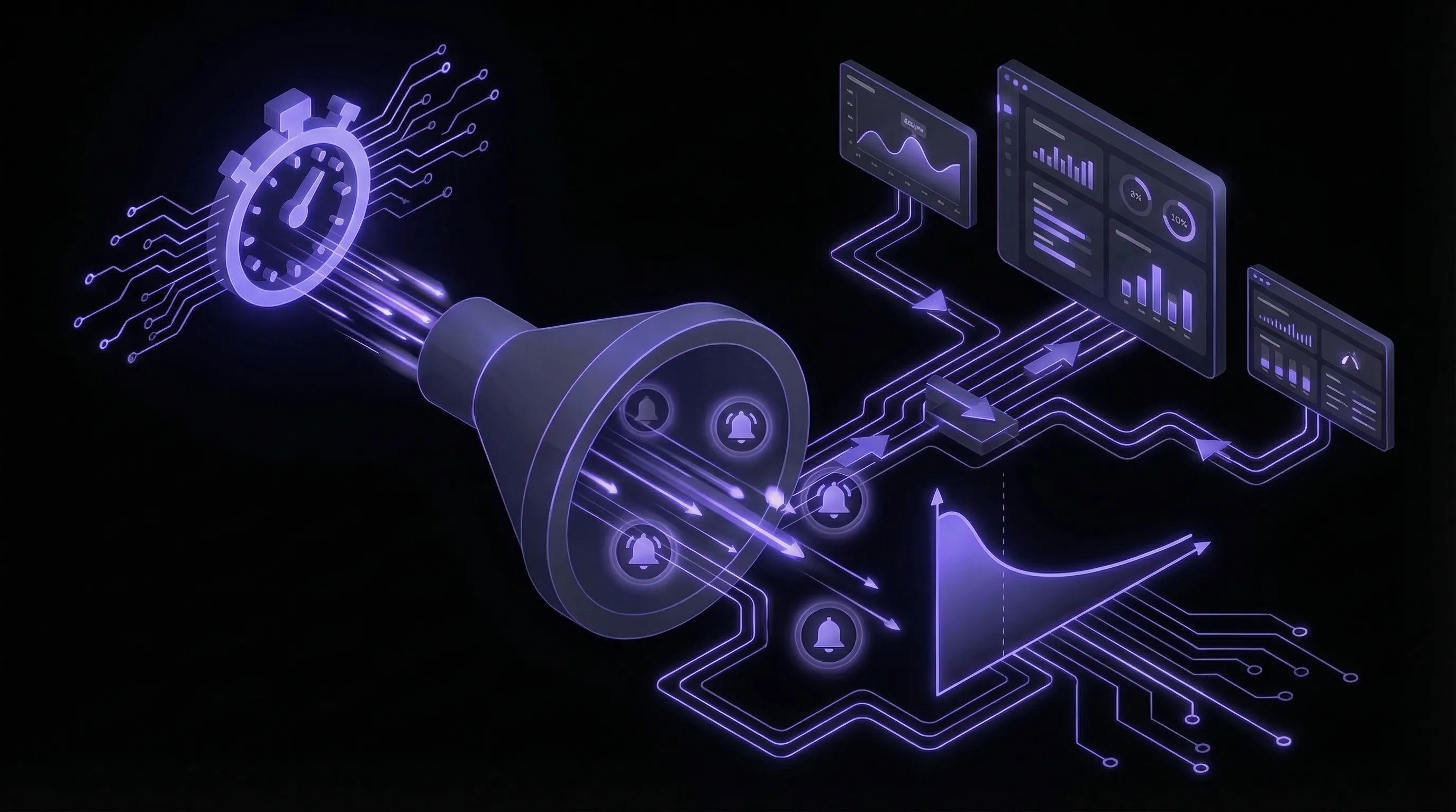 Isometric stopwatch connected to conversion funnel showing speed-to-lead impact on sales metrics
