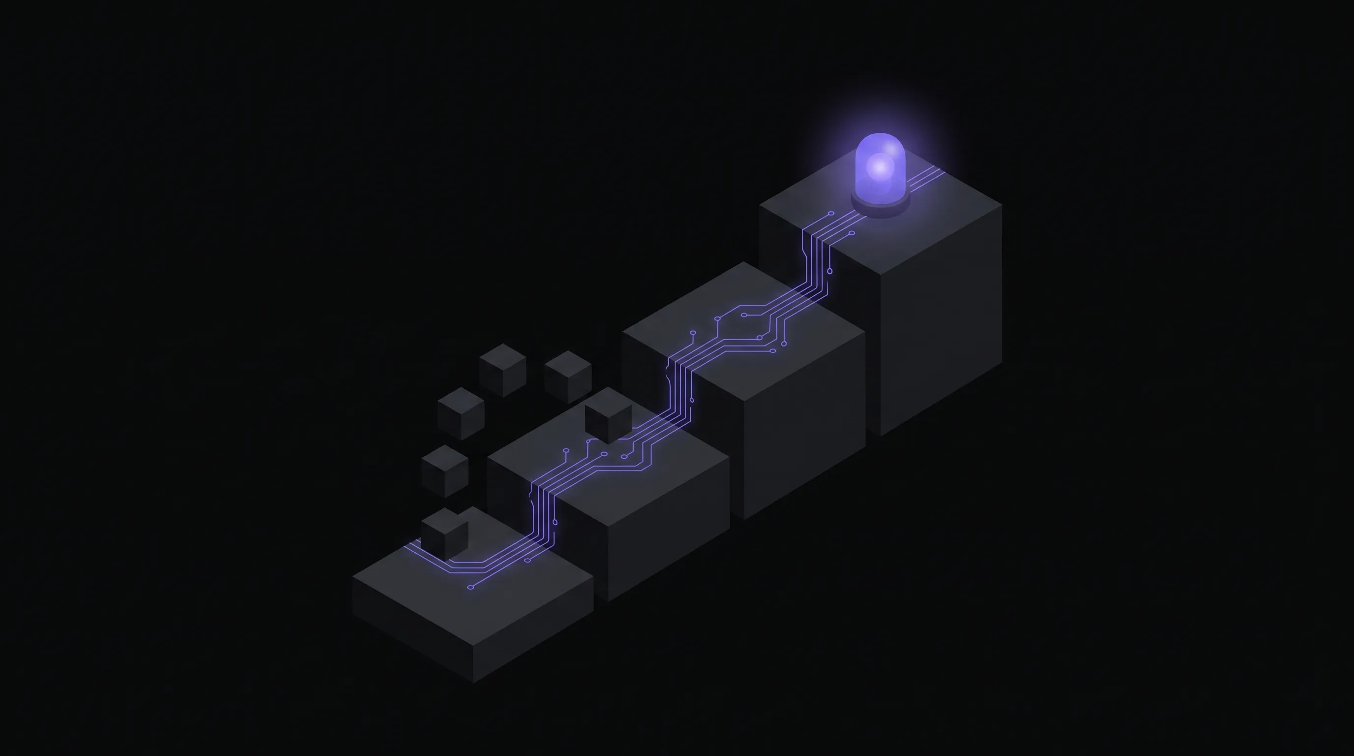 Dark isometric illustration of four ascending charcoal stepping platforms with small cubes climbing a purple circuit trace from the lowest step to a glowing purple beacon on the highest.