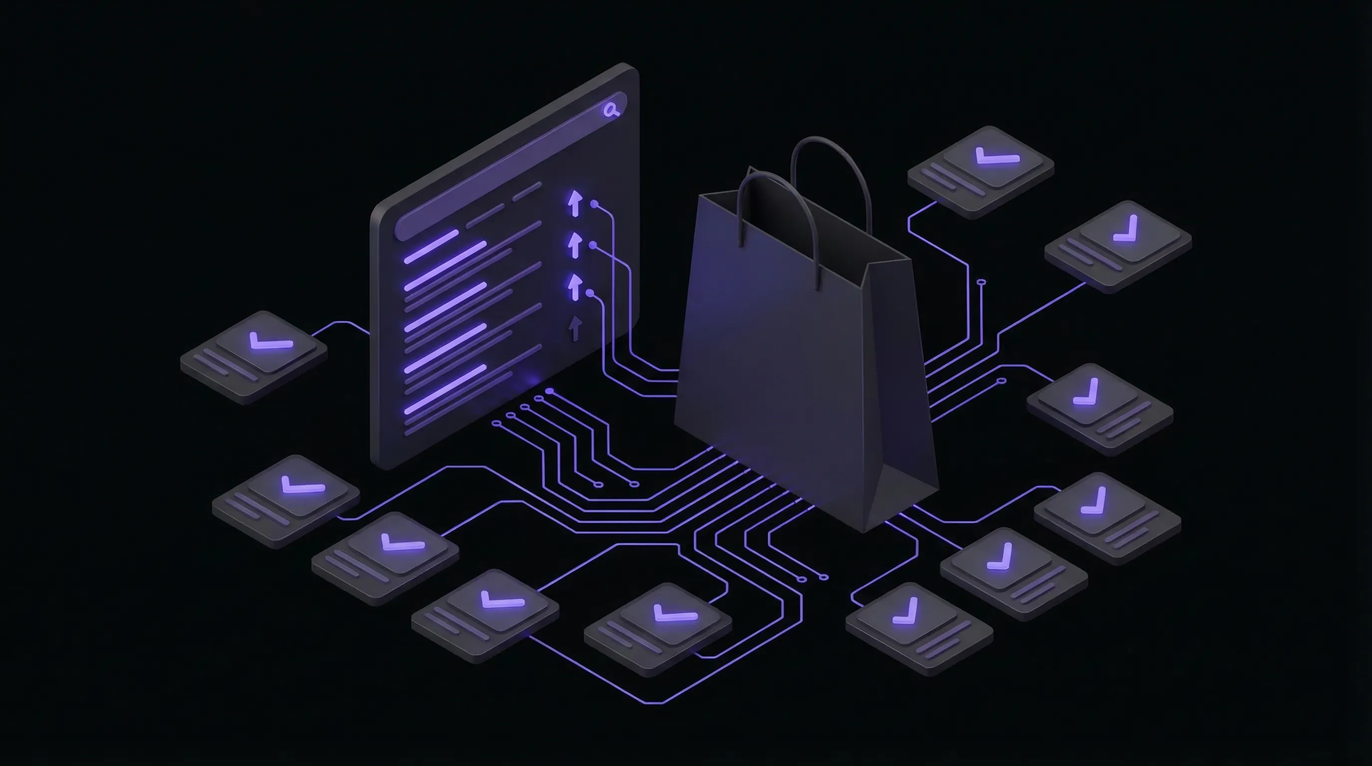 Isometric Shopify storefront with SEO elements including search rankings and analytics