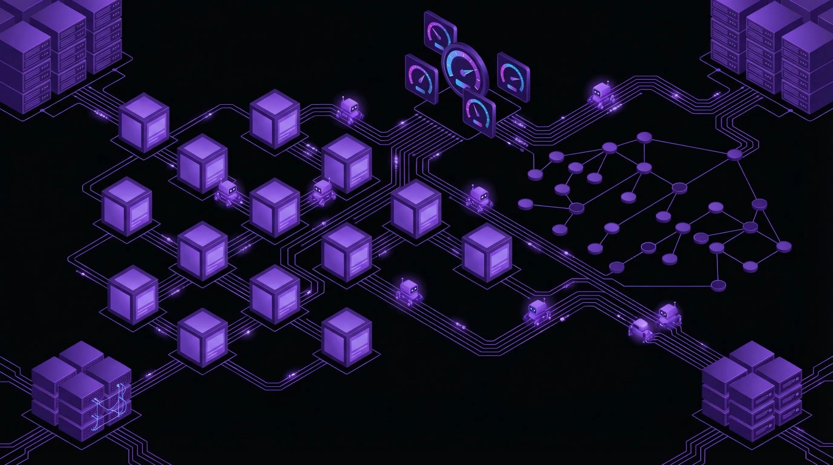 Isometric ecommerce website architecture with search engine crawlers and performance metrics