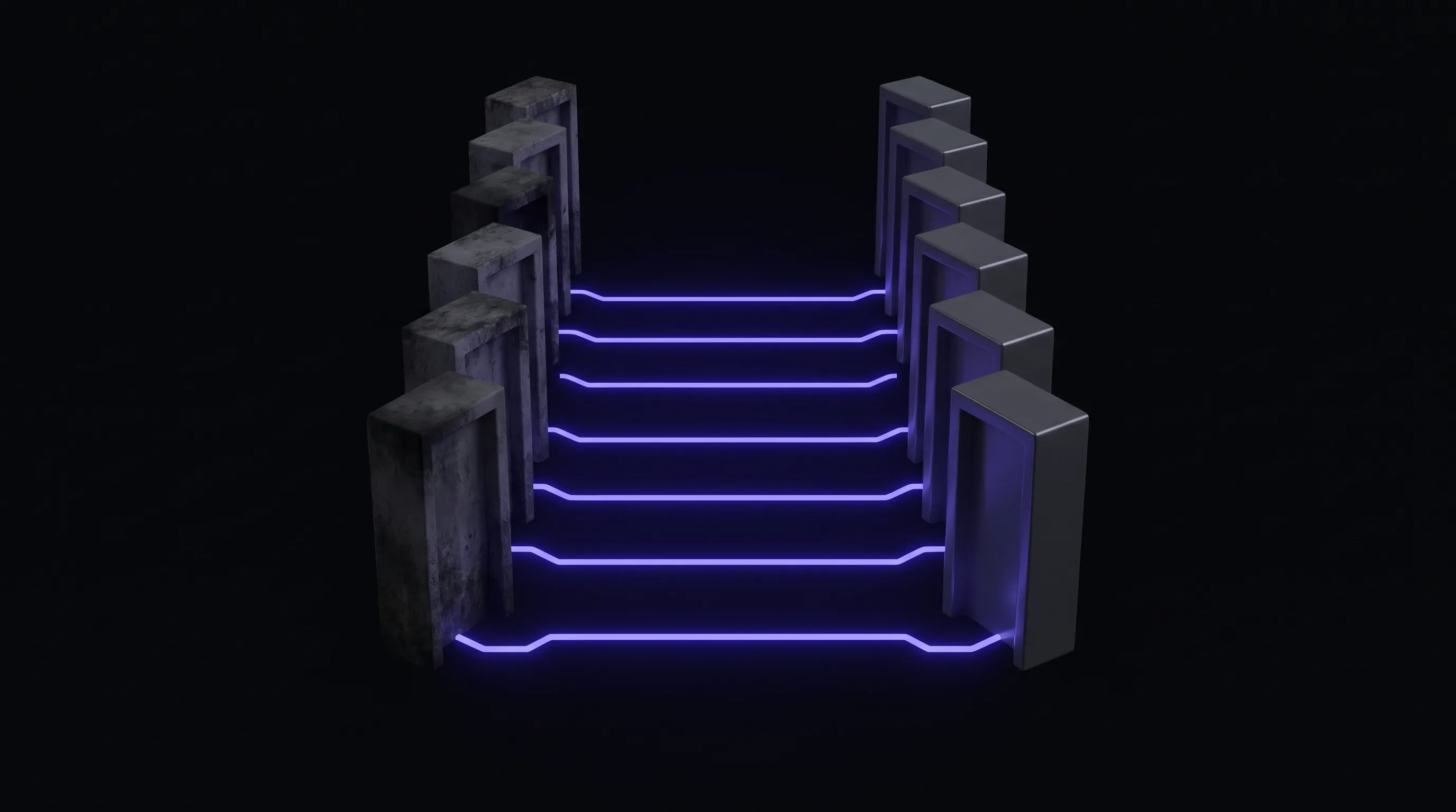 Dark isometric illustration of two facing rows of charcoal doorway blocks, the left row weathered and the right row sleek, each old doorway joined to one matching new doorway by a straight glowing purple line.
