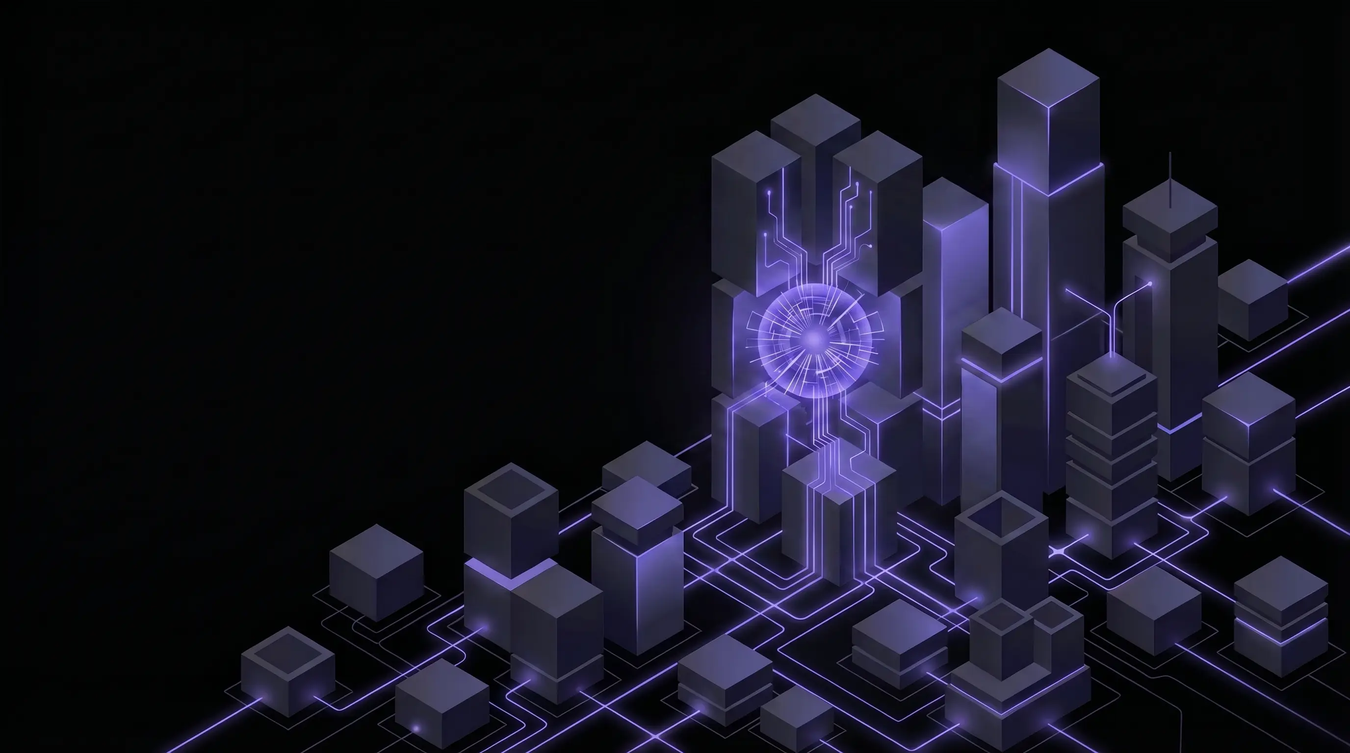 Isometric illustration of an AI agency workflow connecting business inputs, retrieval systems, model inference, and production deployment