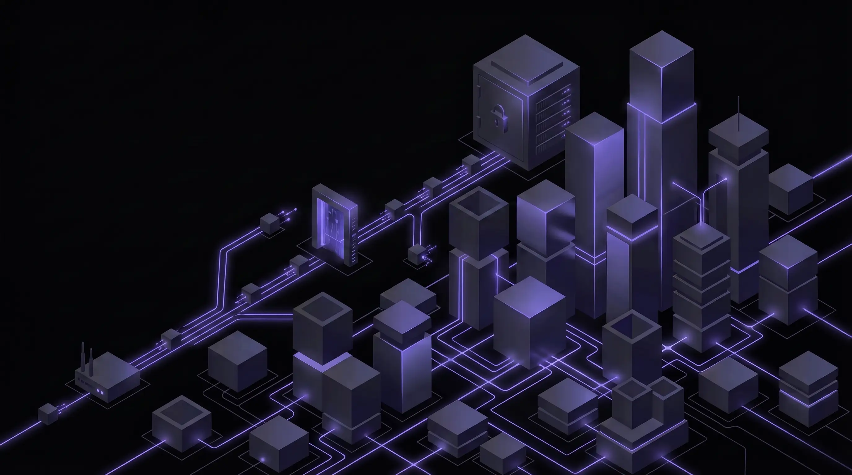Dark isometric illustration of company data flowing through three doors labelled consumer, business and API into stylised ChatGPT and Claude servers, with a shield and padlock guarding the secure path.