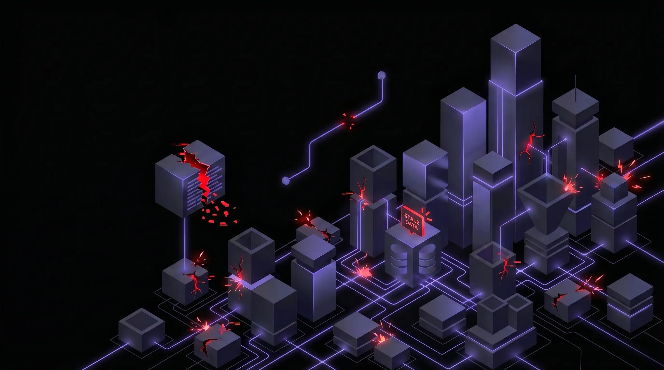 Dark isometric illustration of a RAG pipeline showing chunked documents, a vector index, citation links, and eight highlighted failure points along the retrieval and generation flow