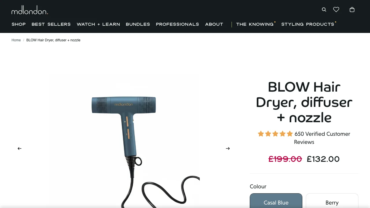 BLOW Hair Dryer product page — 650 verified reviews