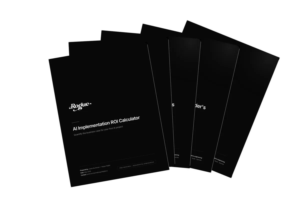 A fanned arrangement of Rogue Digital playbook covers: AI Readiness Checklist, Tech Due Diligence Checklist, Fractional CTO Playbook, Shopify Migration Checklist, and AI Implementation ROI Calculator